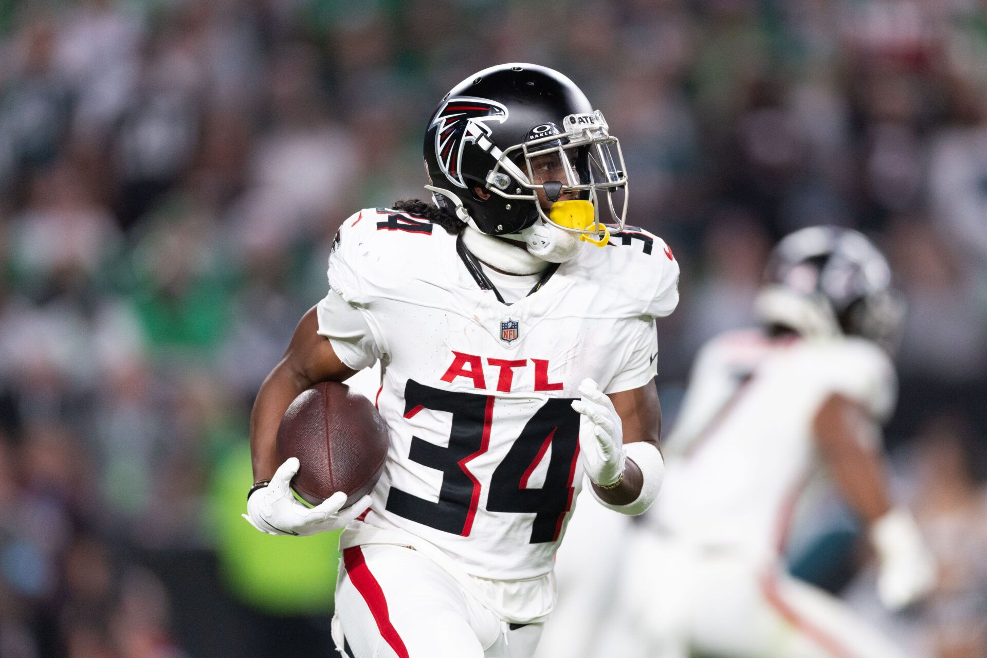 Sep 16, 2024; Philadelphia, Pennsylvania, USA; Atlanta Falcons wide receiver Ray-Ray McCloud III (34) runs with the ball against the Philadelphia Eagles during the second quarter at Lincoln Financial Field. Mandatory Credit: Bill Streicher-Imagn Images