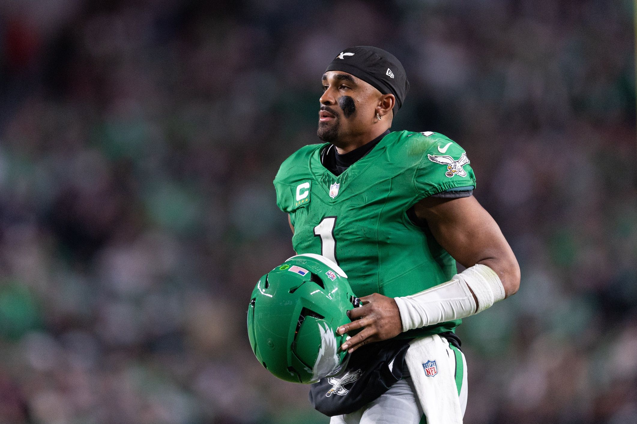 Philadelphia Eagles quarterback Jalen Hurts (1) in a game against the Jacksonville Jaguars at Lincoln Financial Field.