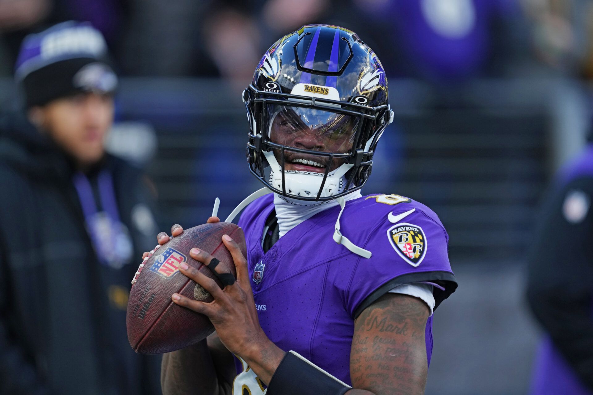 Jan 4, 2025; Baltimore, Maryland, USA; Baltimore Ravens quarterback Lamar Jackson (8) makes a pass during the first quarter against the Cleveland Browns at M&T Bank Stadium. Mandatory Credit: Mitch Stringer-Imagn Images