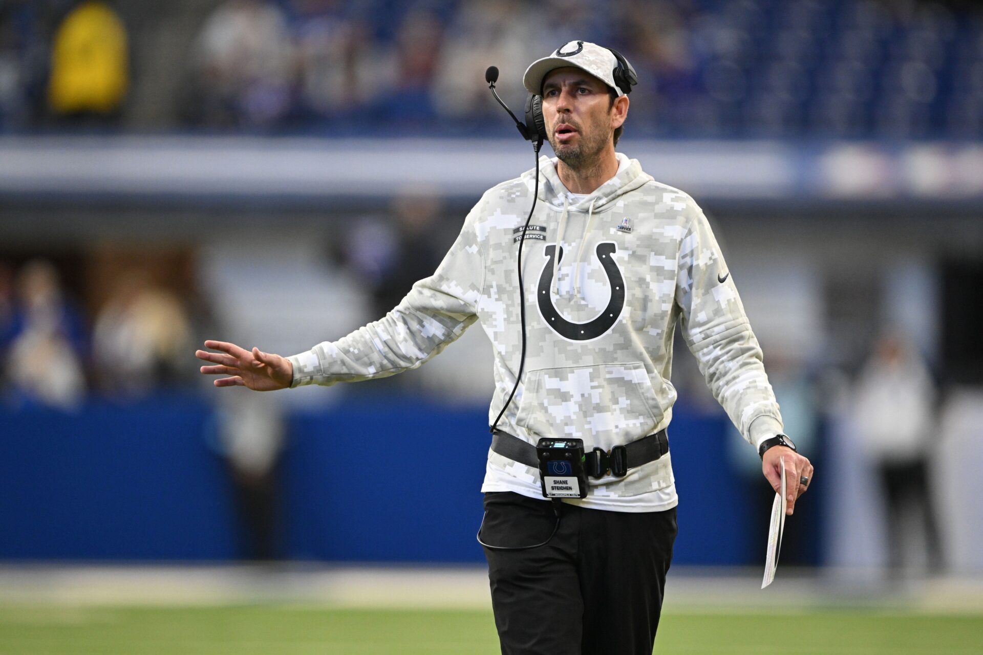 Indianapolis Colts Indianapolis Colts head coach Shane Steichen walks on the field during the second half against the Buffalo Bills at Lucas Oil Stadium.