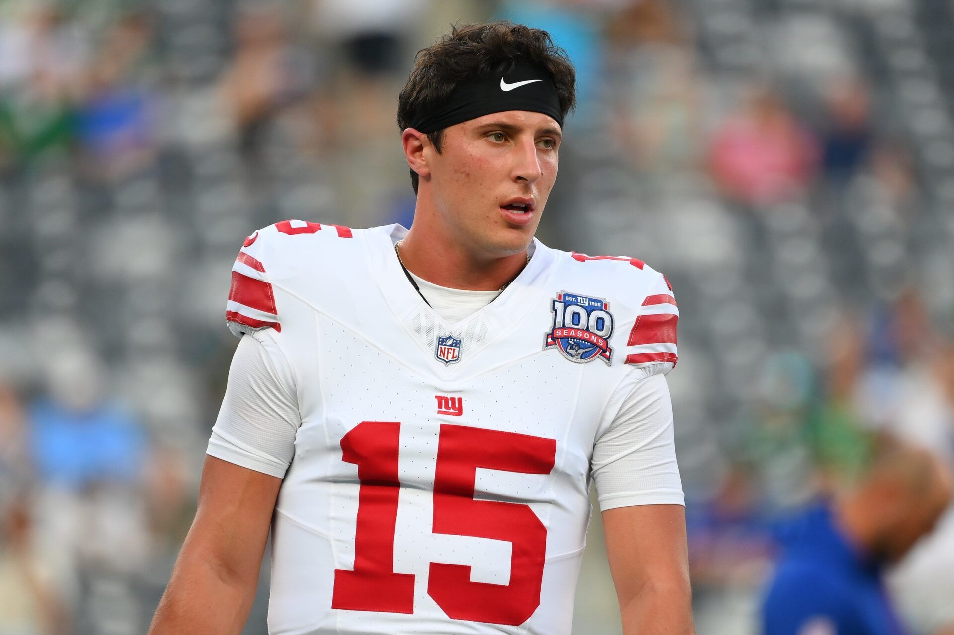 New York Giants quarterback Tommy DeVito (15) looks on prior to the game against the New York Jets at MetLife Stadium.