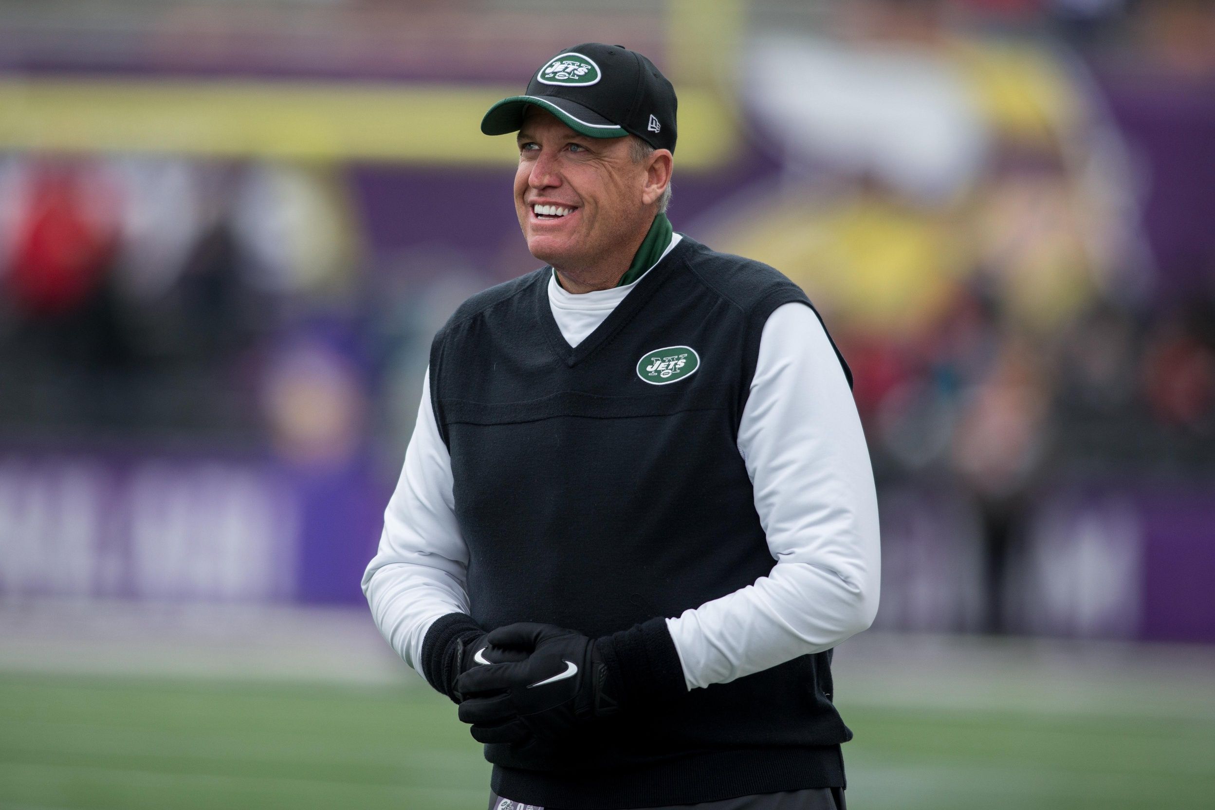 New York Jets head coach Rex Ryan watches practice before the game with the Minnesota Vikings at TCF Bank Stadium. The Vikings win 30-24.