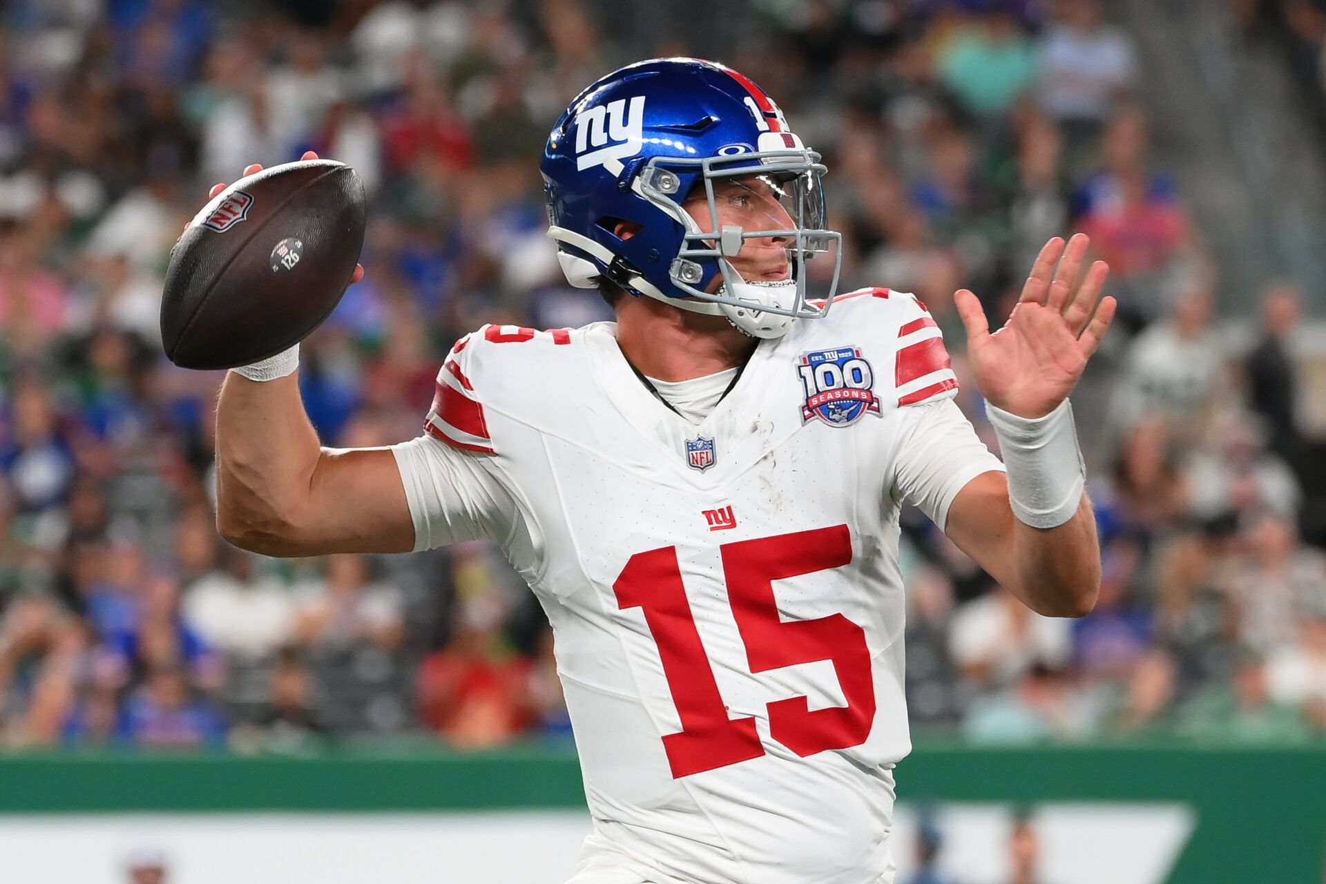 Aug 24, 2024; East Rutherford, New Jersey, USA; New York Giants quarterback Tommy DeVito (15) passes the ball against the New York Jets during the second half at MetLife Stadium. Mandatory Credit: Rich Barnes-USA TODAY Sports