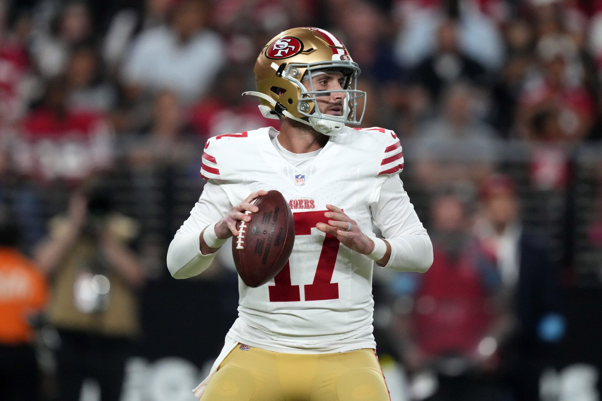 Aug 23, 2024; Paradise, Nevada, USA; San Francisco 49ers quarterback Brandon Allen (17) throws the ball against the Las Vegas Raiders in the first half at Allegiant Stadium. Mandatory Credit: Kirby Lee-USA TODAY Sports