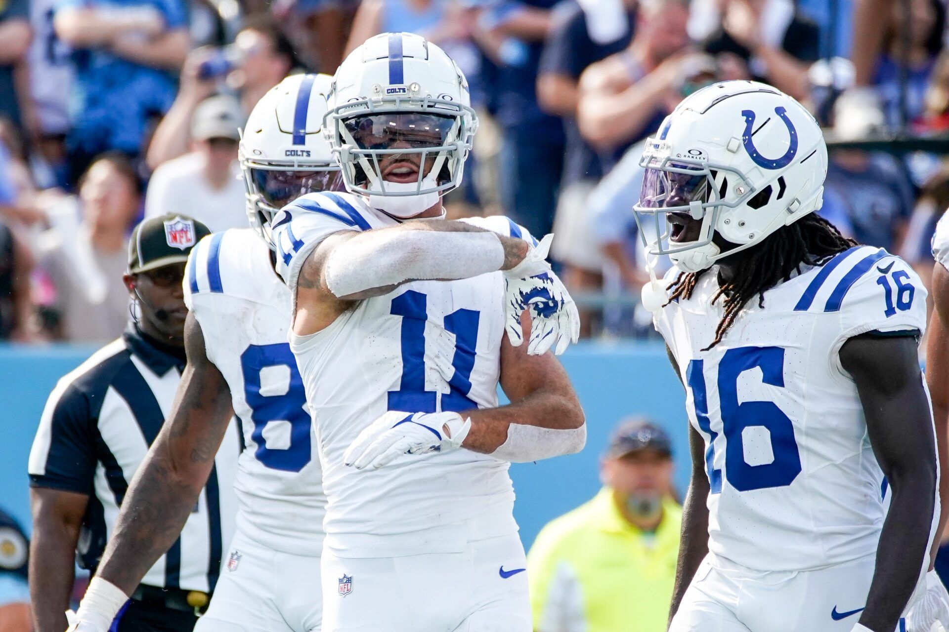 Indianapolis Colts wide receiver Michael Pittman Jr. (11) celebrates his touchdown against the Tennessee Titans during the fourth quarter at Nissan Stadium in Nashville, Tenn., Sunday, Oct. 13, 2024.