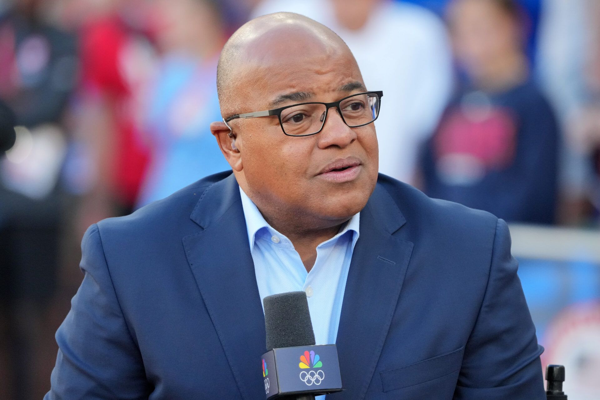 Jun 24, 2024; Eugene, OR, USA; NBC Sports broadcaster Mike Tirico during the US Olympic Team Trials at Hayward Field. Mandatory Credit: Kirby Lee-USA TODAY Sports