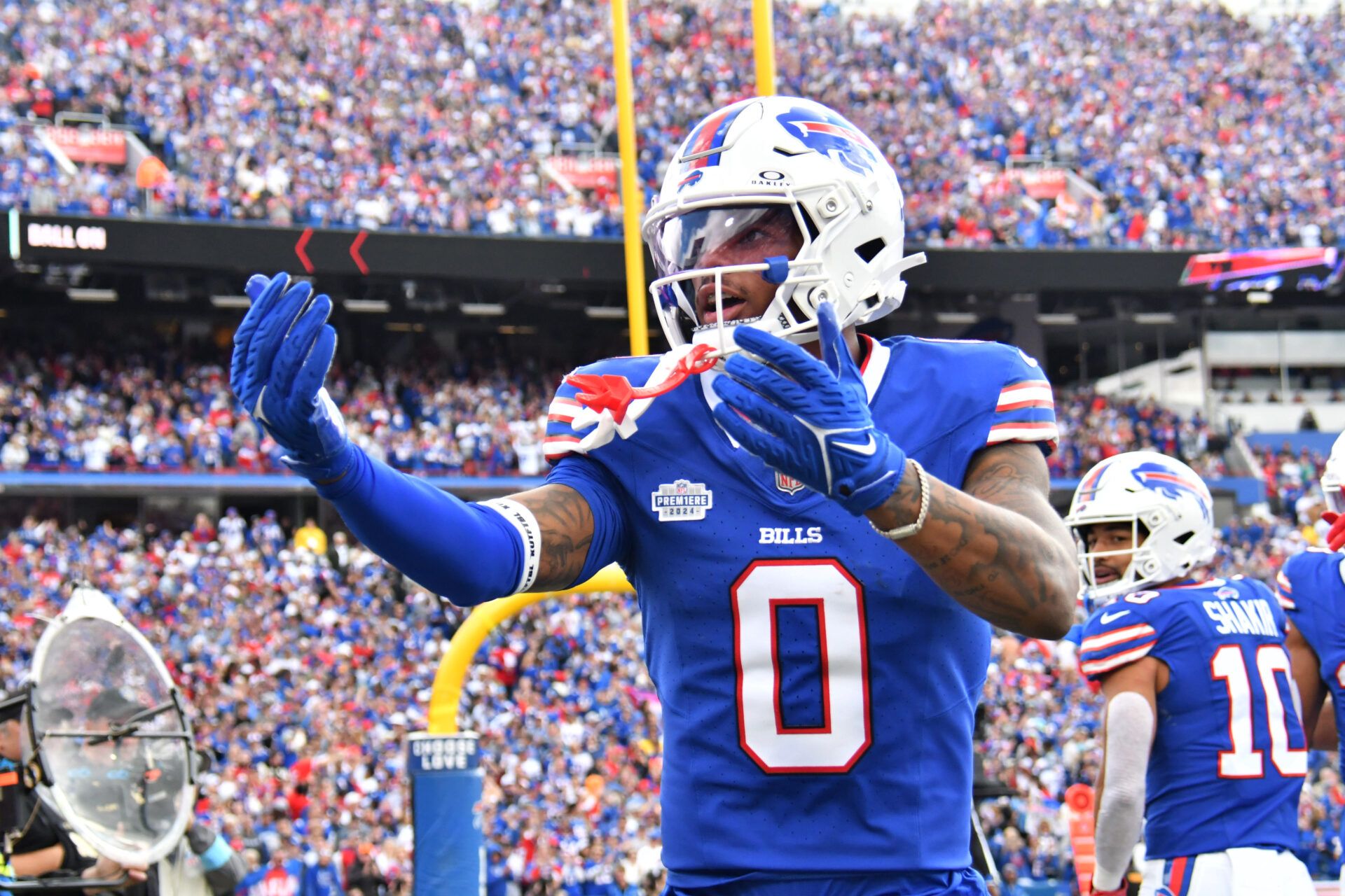 Sep 8, 2024; Orchard Park, New York, USA; Buffalo Bills wide receiver Keon Coleman (0) reacts after a play against the Arizona Cardinals in the third quarter at Highmark Stadium. Mandatory Credit: Mark Konezny-Imagn Images