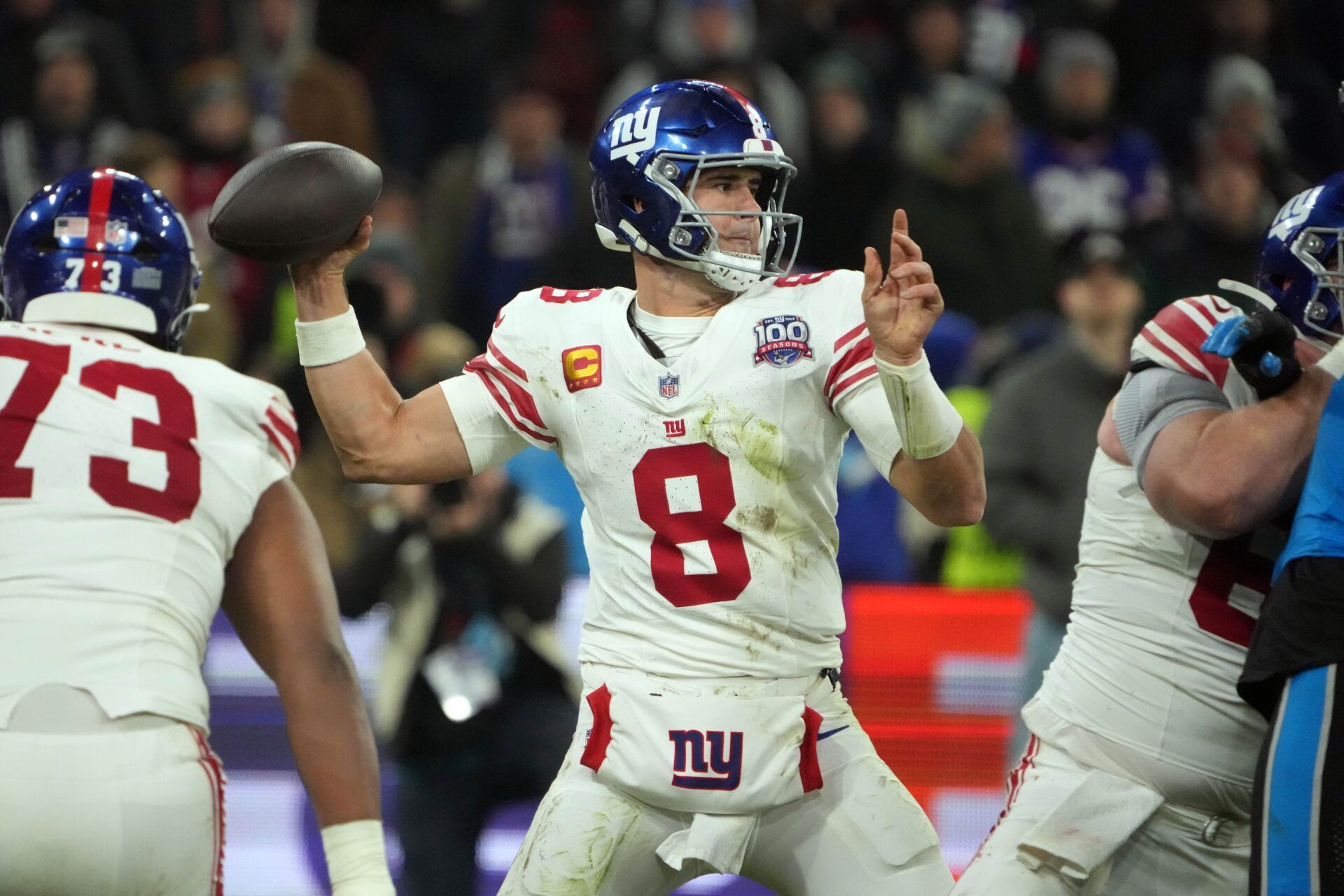 New York Giants quarterback Daniel Jones (8) throws the ball against the Carolina Panthers in the second half during the 2024 NFL Munich Game at Allianz Arena.