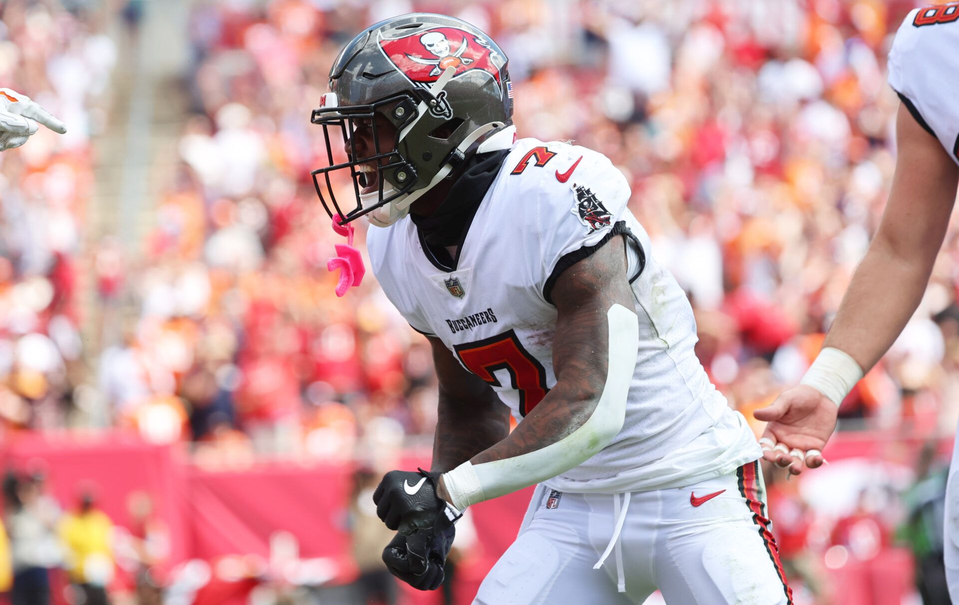 Sep 22, 2024; Tampa, Florida, USA; Tampa Bay Buccaneers running back Bucky Irving (7) celebrates during the first half against the Denver Broncos at Raymond James Stadium. Mandatory Credit: Kim Klement Neitzel-Imagn Images