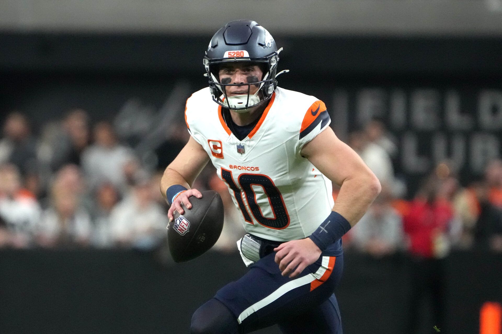 Nov 24, 2024; Paradise, Nevada, USA; Denver Broncos quarterback Bo Nix (10) throws the ball against the Las Vegas Raiders in the first quarter at Allegiant Stadium. Mandatory Credit: Kirby Lee-Imagn Images