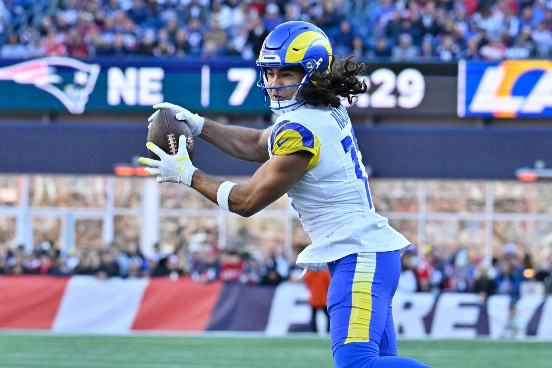 Los Angeles Rams wide receiver Puka Nacua (17) makes a catch during the first half against the New England Patriots at Gillette Stadium.