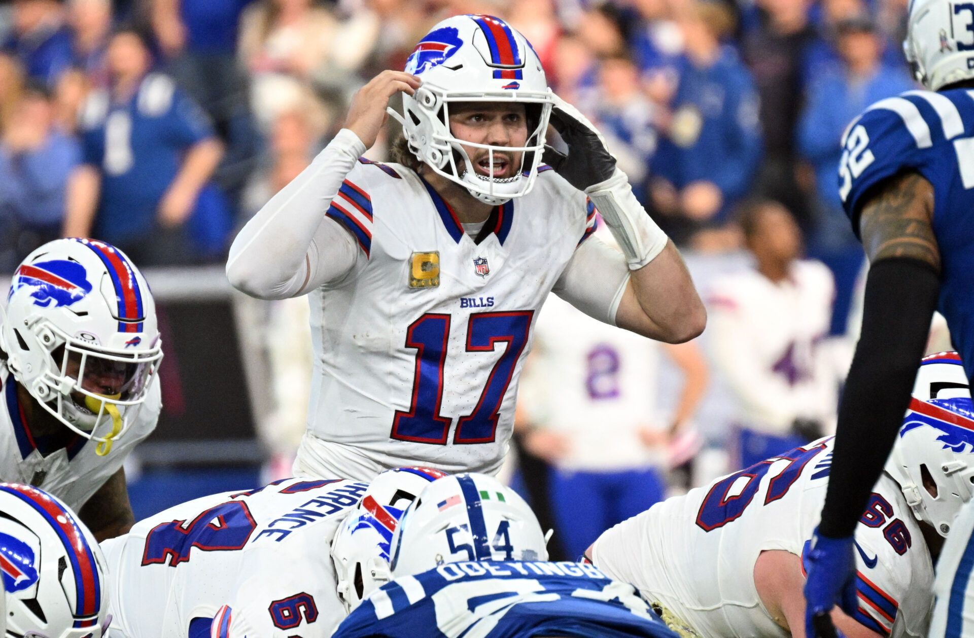 Nov 10, 2024; Indianapolis, Indiana, USA; Buffalo Bills quarterback Josh Allen (17) motions to his team during the second half against the Indianapolis Colts at Lucas Oil Stadium. Mandatory Credit: Marc Lebryk-Imagn Images