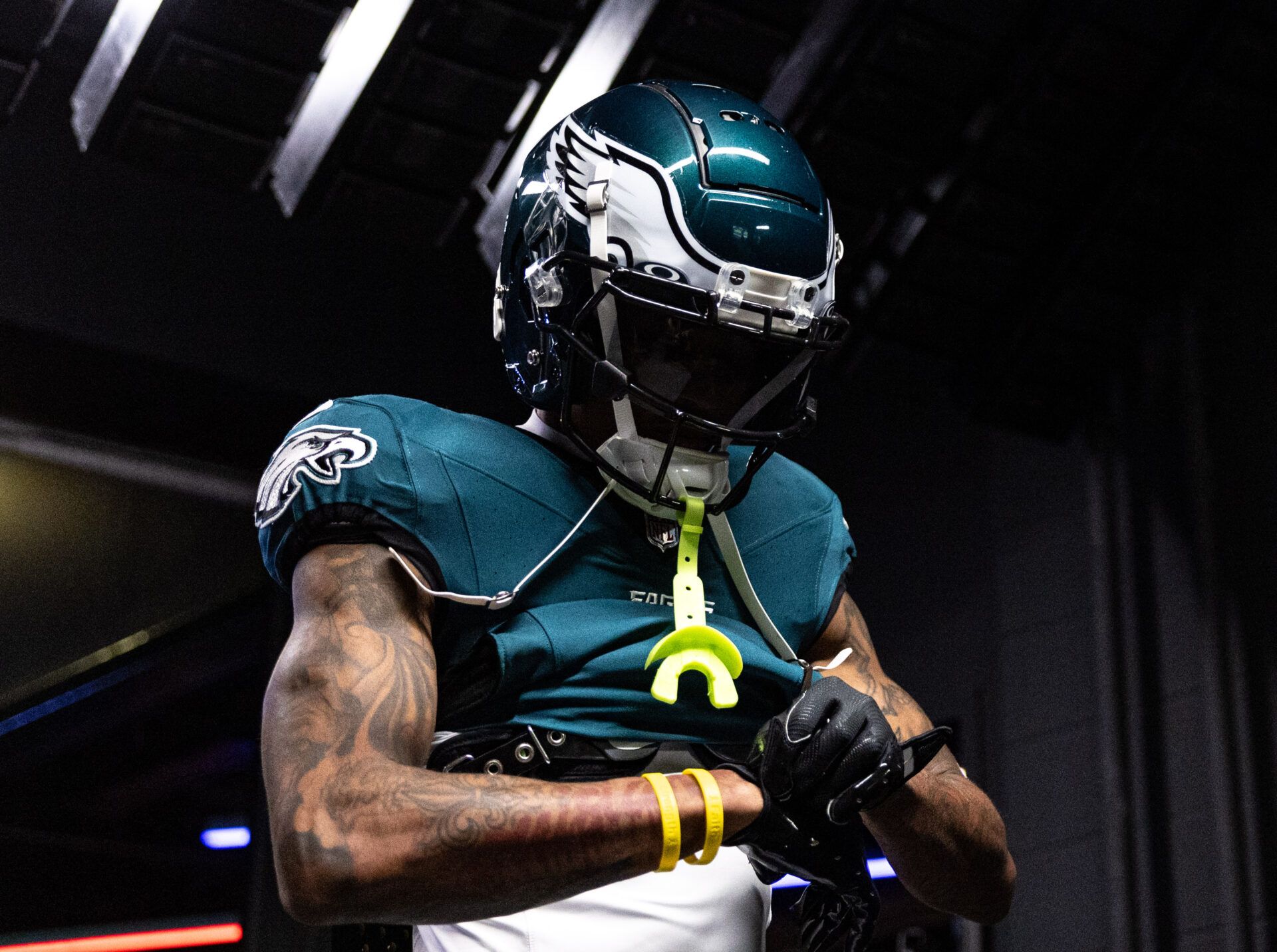 Nov 14, 2024; Philadelphia, Pennsylvania, USA; Philadelphia Eagles wide receiver DeVonta Smith walks out of the tunnel before action against the Washington Commanders at Lincoln Financial Field. Mandatory Credit: Bill Streicher-Imagn Images