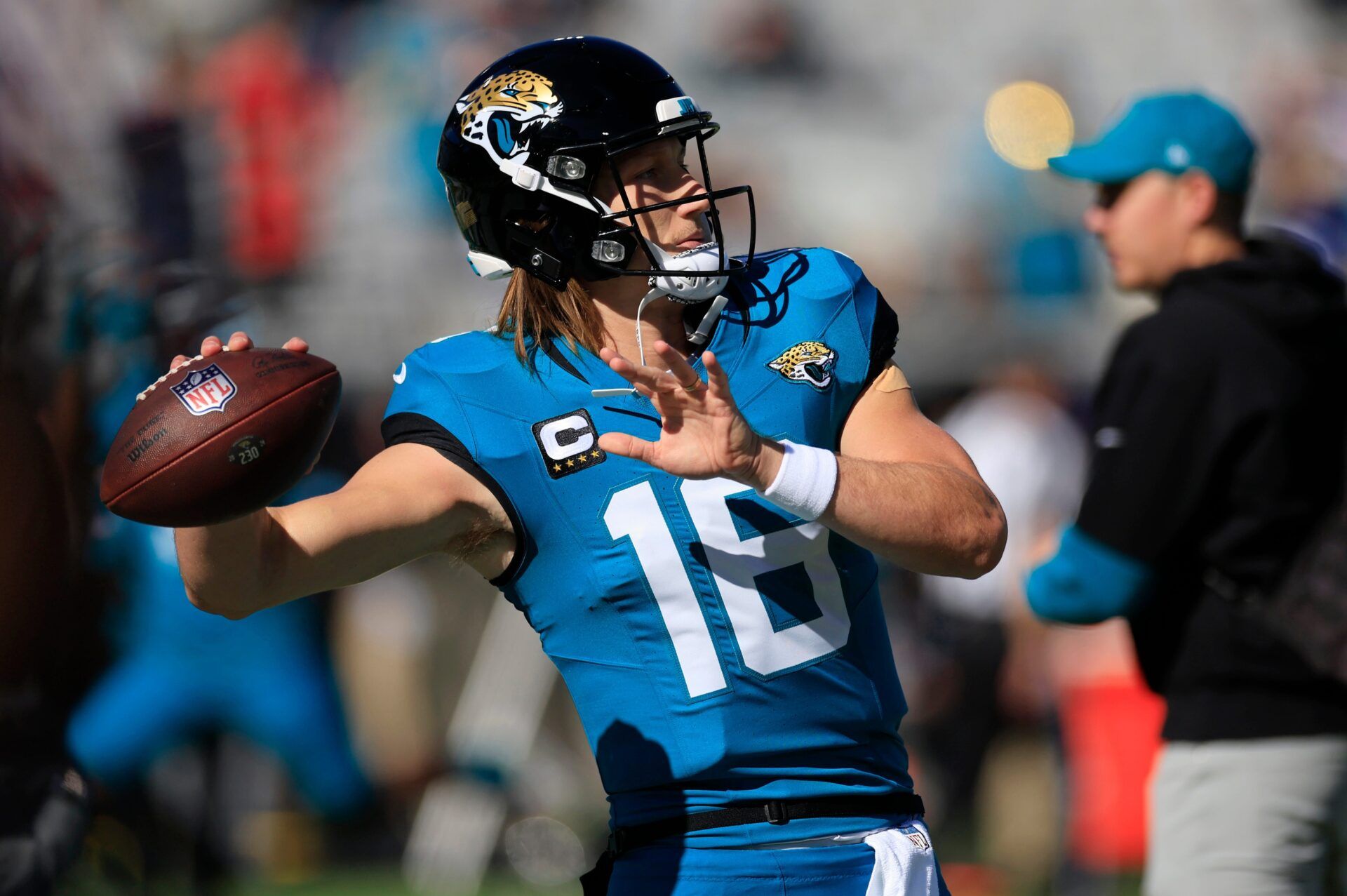 Jacksonville Jaguars quarterback Trevor Lawrence (16) warms up before an NFL football matchup Sunday, Dec. 1, 2024 at EverBank Stadium in Jacksonville, Fla. [Corey Perrine/Florida Times-Union]