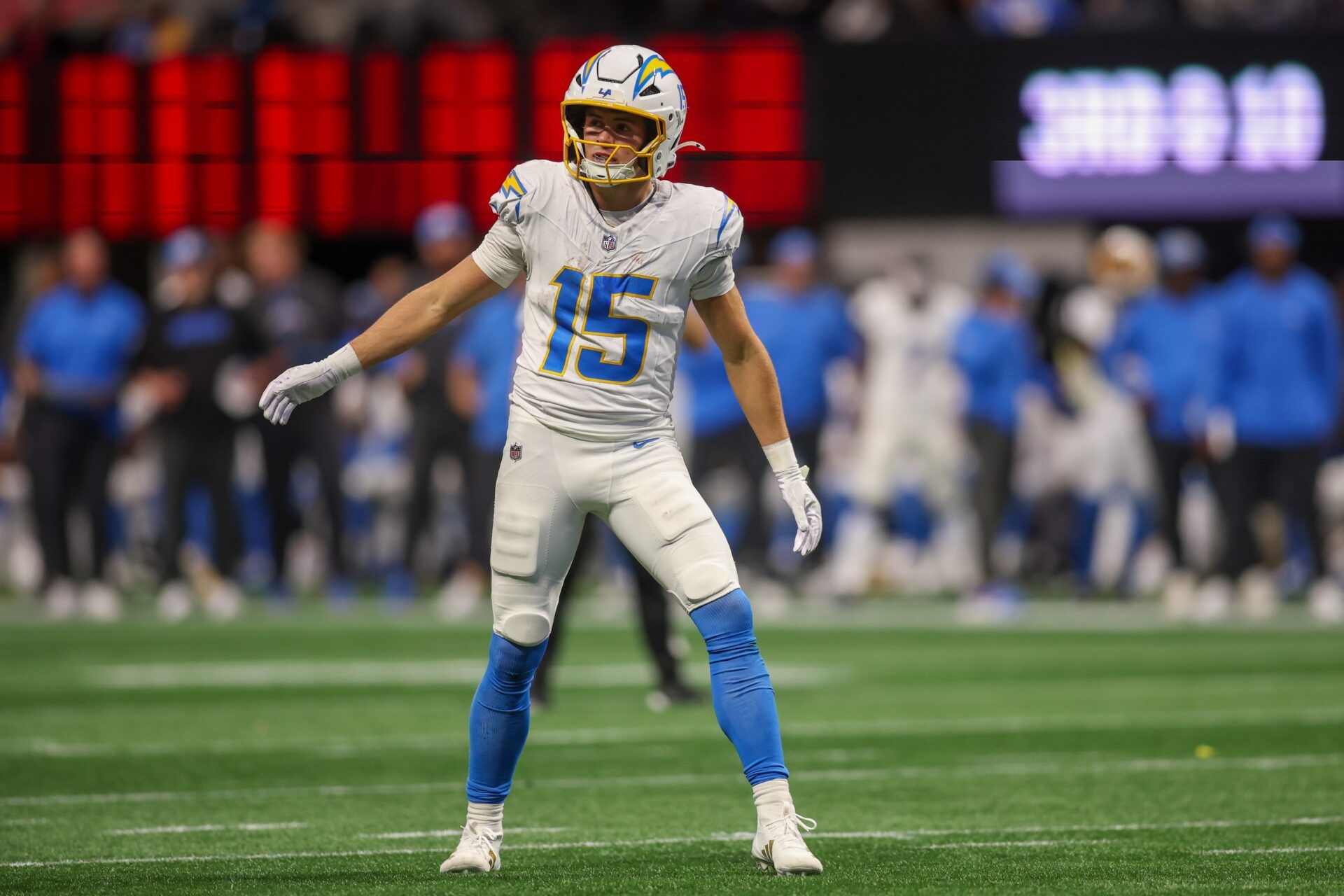 Dec 1, 2024; Atlanta, Georgia, USA; Los Angeles Chargers wide receiver Ladd McConkey (15) in action against the Atlanta Falcons in the second quarter at Mercedes-Benz Stadium. Mandatory Credit: Brett Davis-Imagn Images