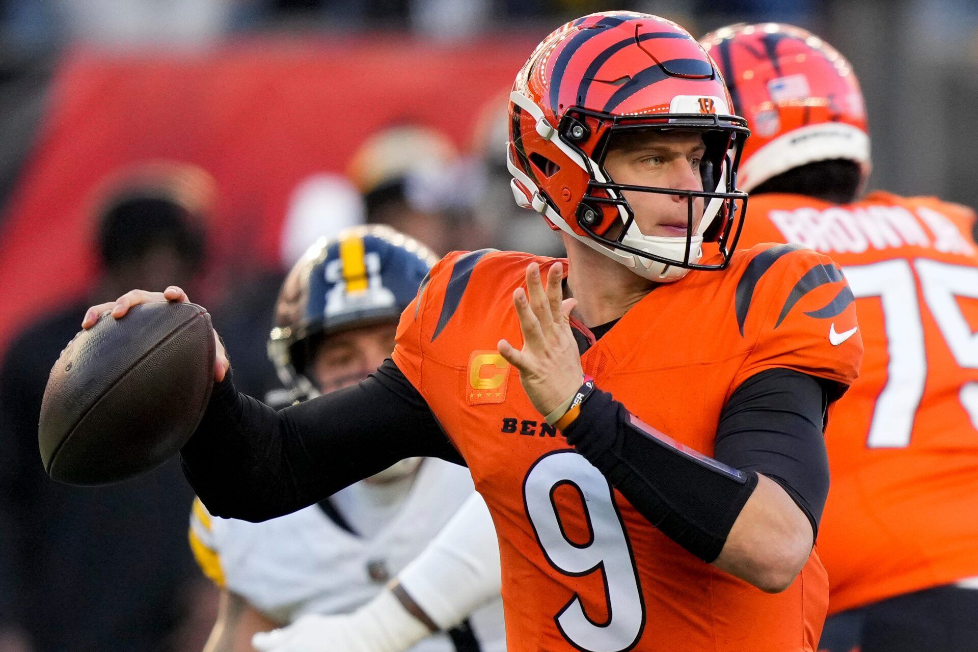 Cincinnati Bengals quarterback Joe Burrow (9) throws a pass in the fourth quarter of the NFL Week 13 game between the Cincinnati Bengals and the Pittsburgh Steelers at Paycor Stadium in downtown Cincinnati on Sunday, Dec. 1, 2024. The Steelers won 44-38.