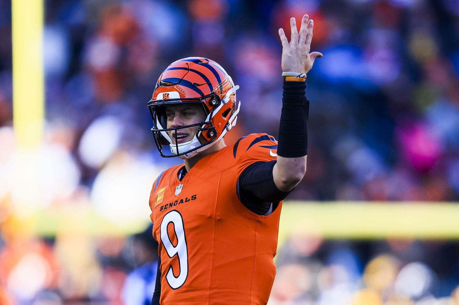 Cincinnati Bengals quarterback Joe Burrow (9) reacts after a penalty called in the first half against the Pittsburgh Steelers at Paycor Stadium.