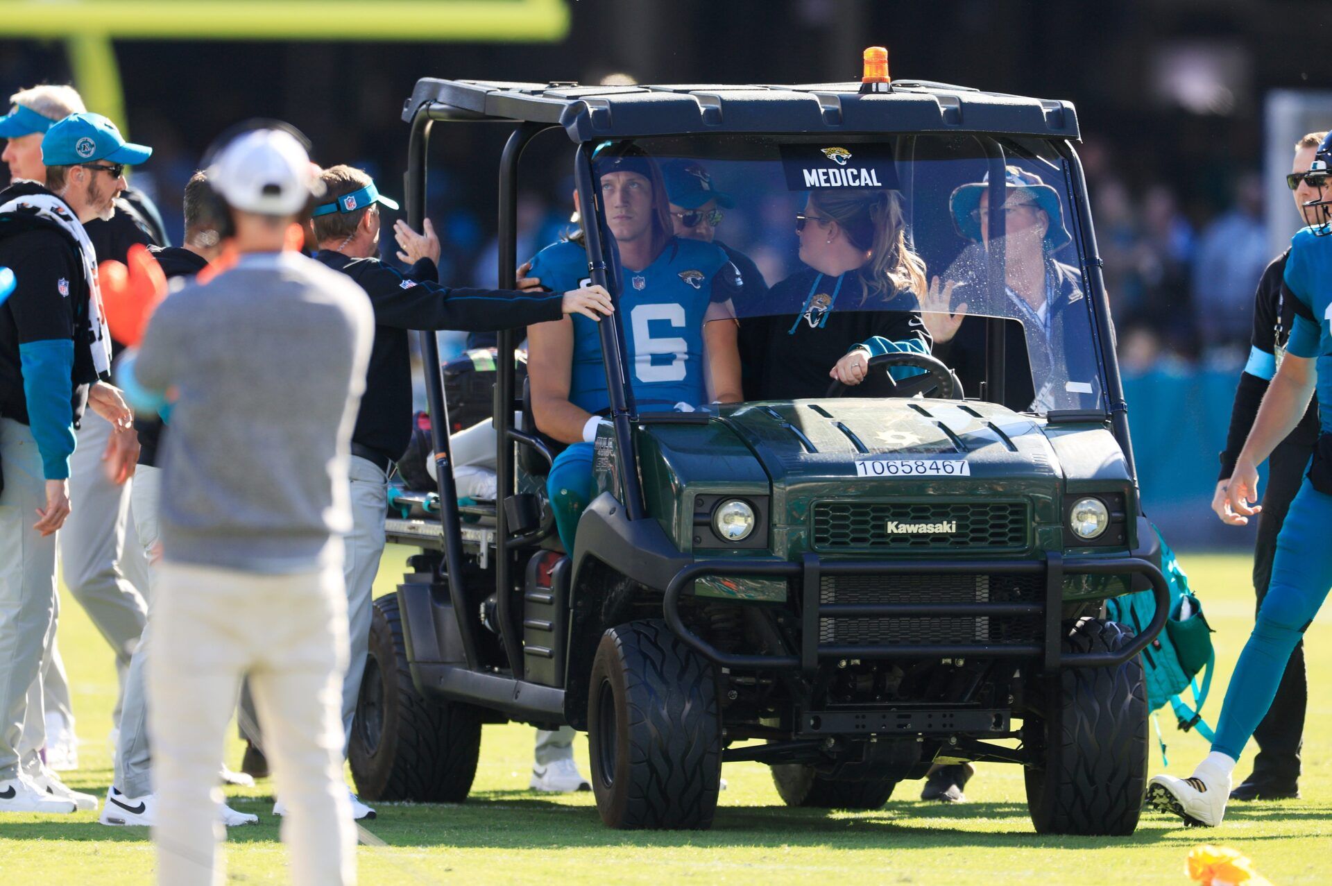 Jacksonville Jaguars quarterback Trevor Lawrence (16) is taken off the field in a medical cart during the second quarter of an NFL football matchup Sunday, Dec. 1, 2024 at EverBank Stadium in Jacksonville, Fla.