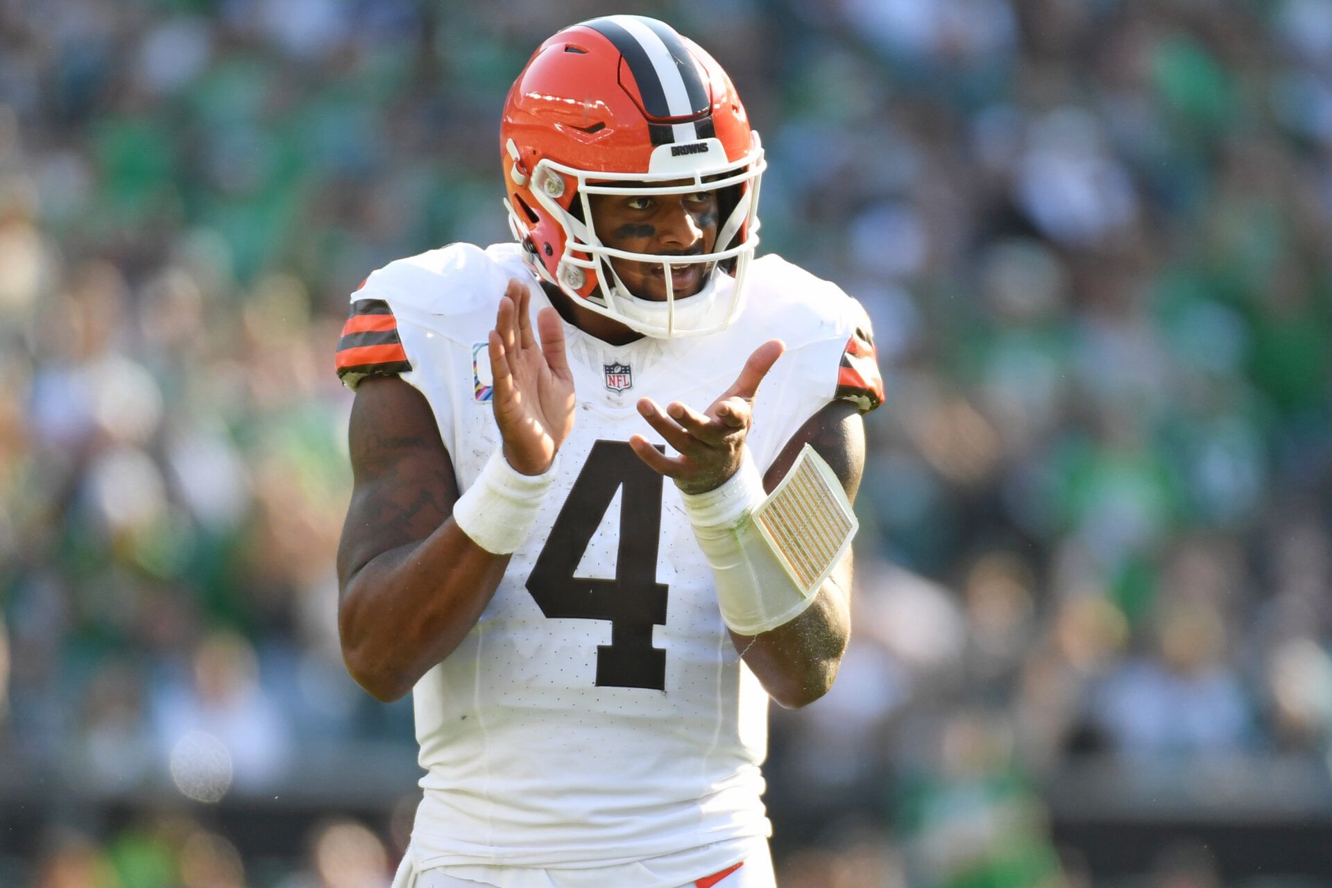 Oct 13, 2024; Philadelphia, Pennsylvania, USA; Cleveland Browns quarterback Deshaun Watson (4) against the Philadelphia Eagles during the fourth quarter at Lincoln Financial Field. Mandatory Credit: Eric Hartline-Imagn Images