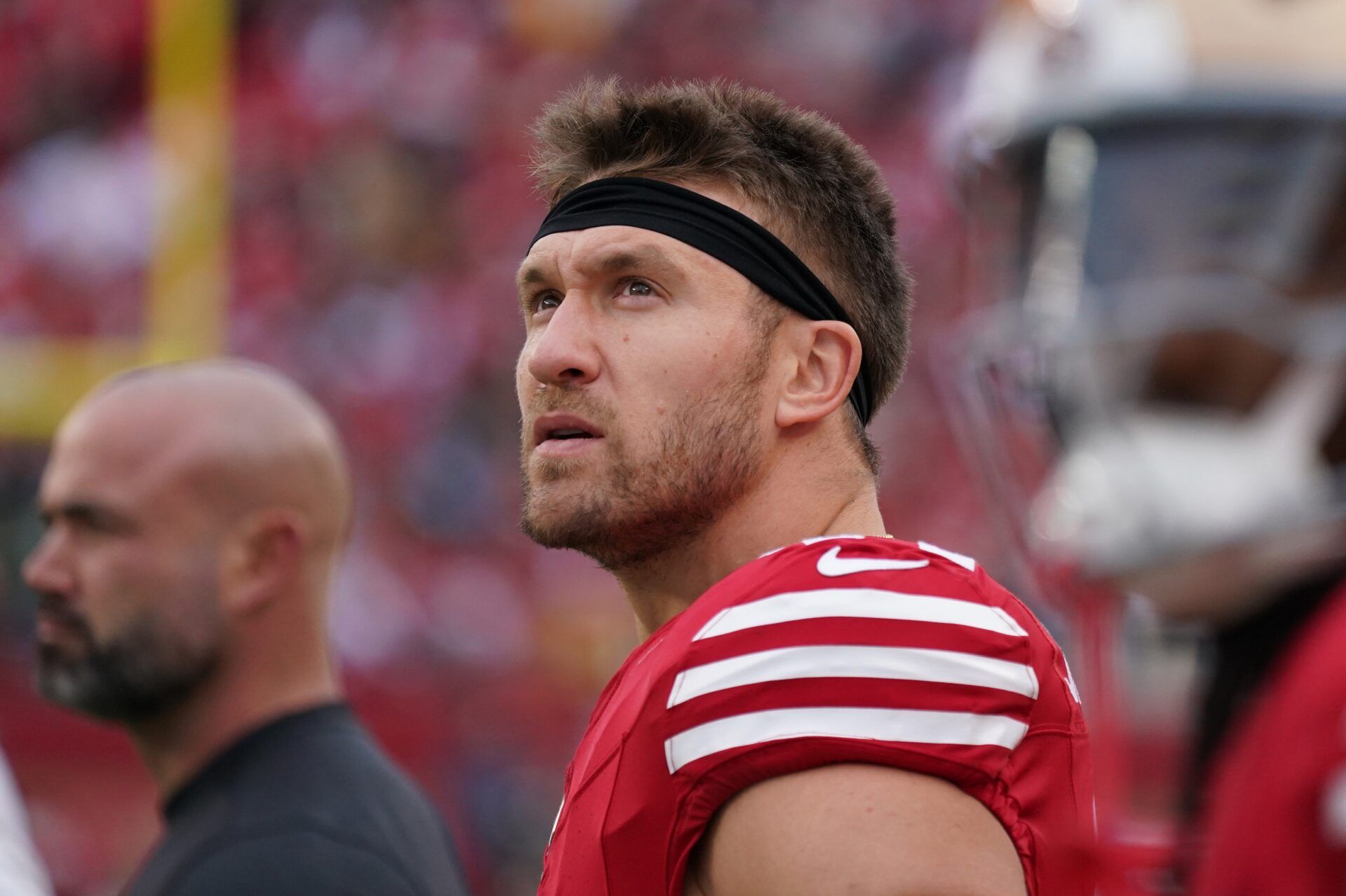 San Francisco 49ers fullback Kyle Juszczyk (44) on the sideline against the Seattle Seahawks in the second quarter at Levi's Stadium.