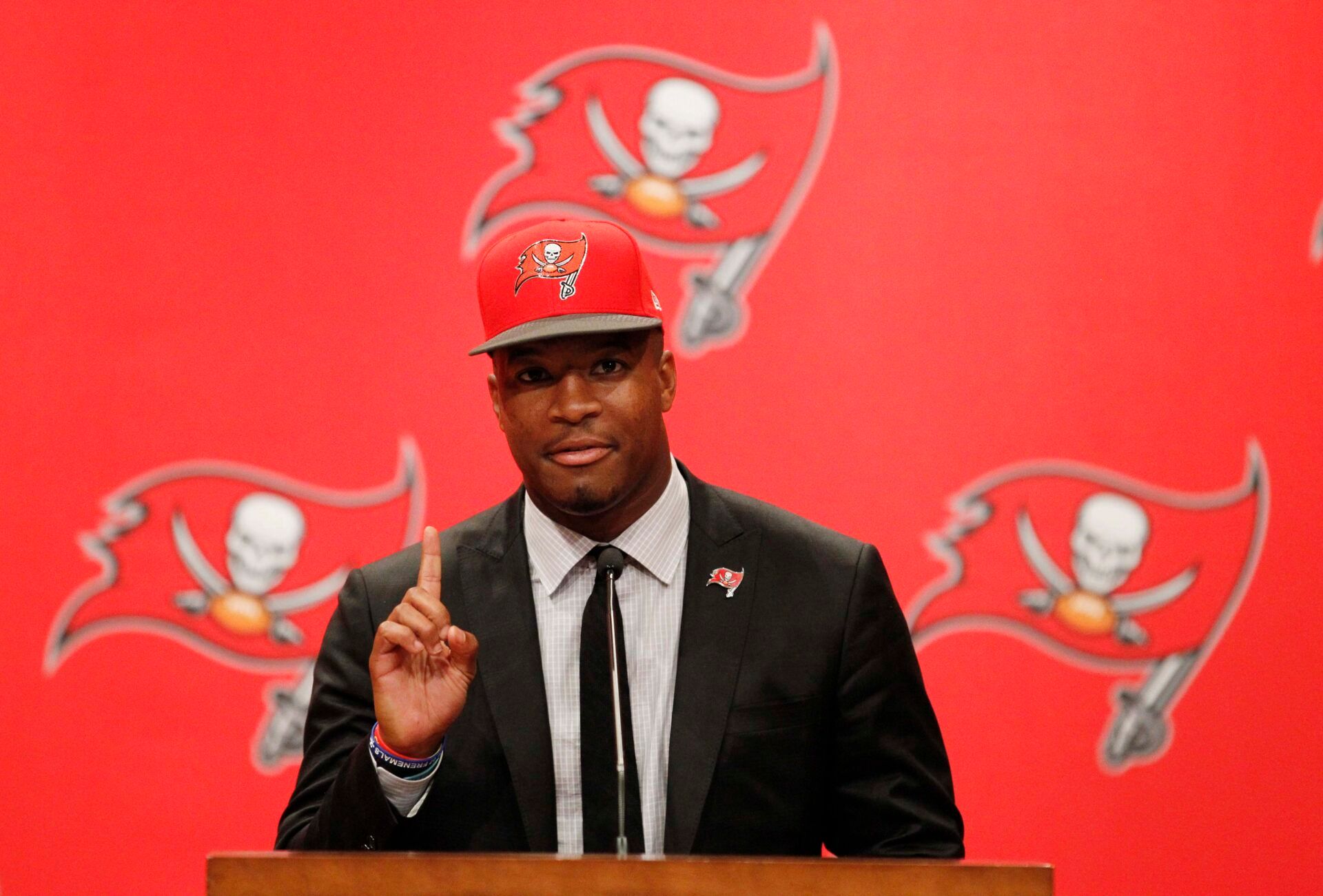 May 1, 2015; Tampa, FL, USA; Tampa Bay Buccaneers quarterback Jameis Winston (3) is introduced at a press conference at One Buc Place the day after being selected as the number one overall pick in the 2015 NFL Draft. Mandatory Credit: Kim Klement-USA TODAY Sports