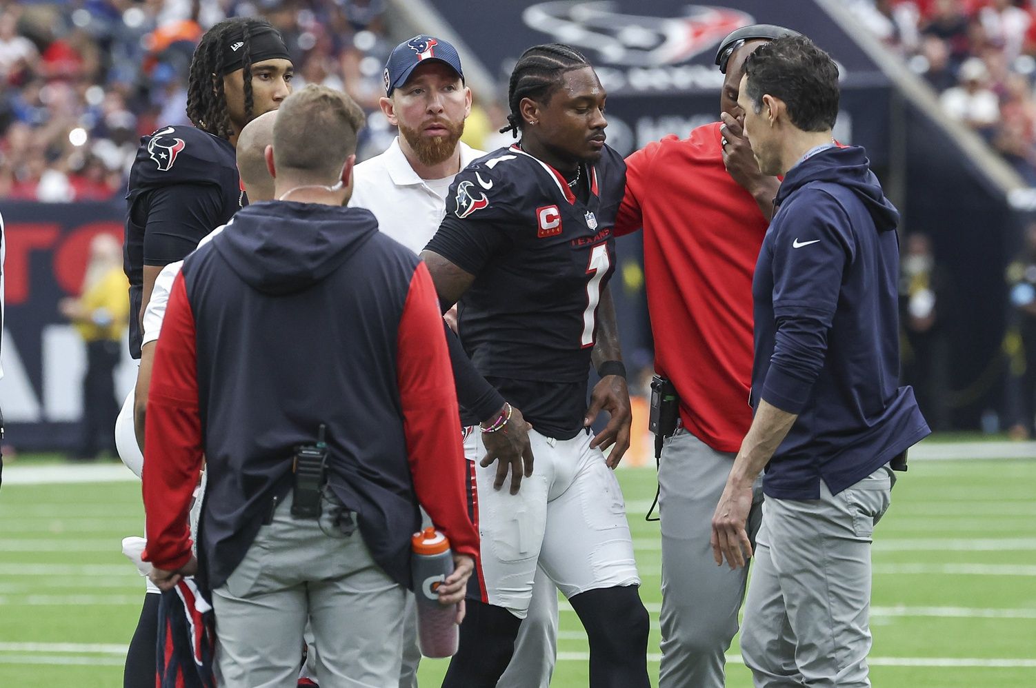 Houston Texans wide receiver Stefon Diggs (1) walks off the field after an apparent injury during the third quarter against the Indianapolis Colts at NRG Stadium.