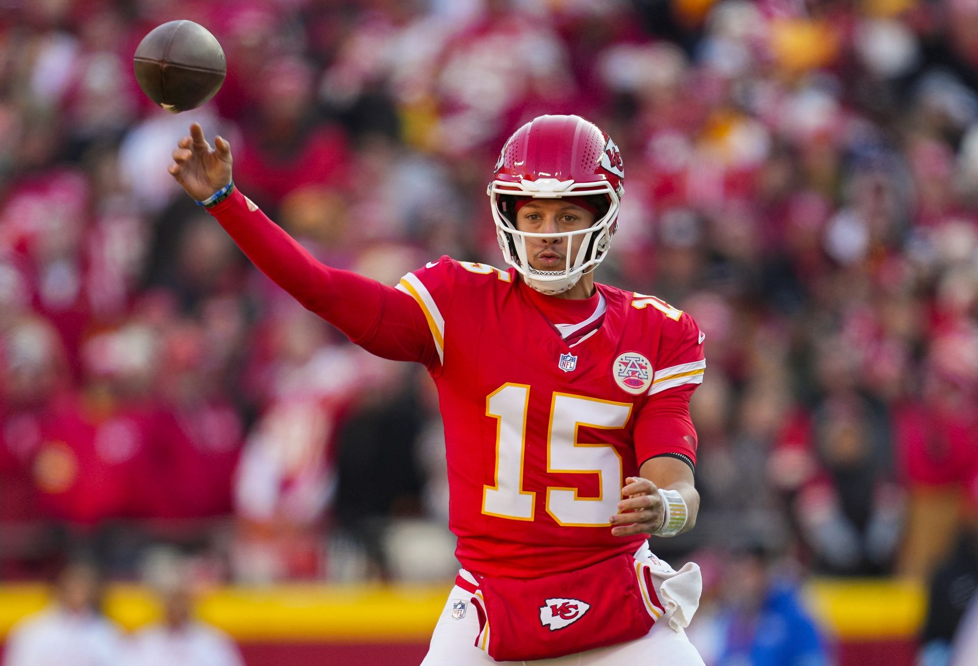 Kansas City Chiefs quarterback Patrick Mahomes (15) throws a pass during the first half against the Las Vegas Raiders at GEHA Field at Arrowhead Stadium.