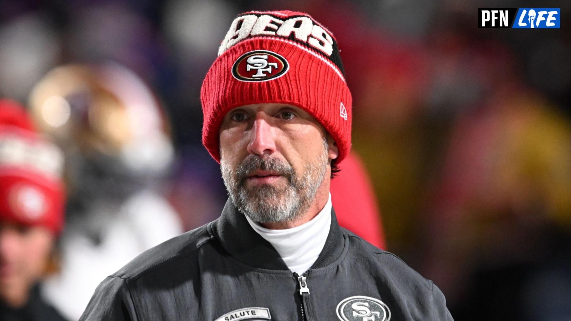 San Francisco 49ers head coach Kyle Shanahan on the field before a game against the Buffalo Bills at Highmark Stadium.