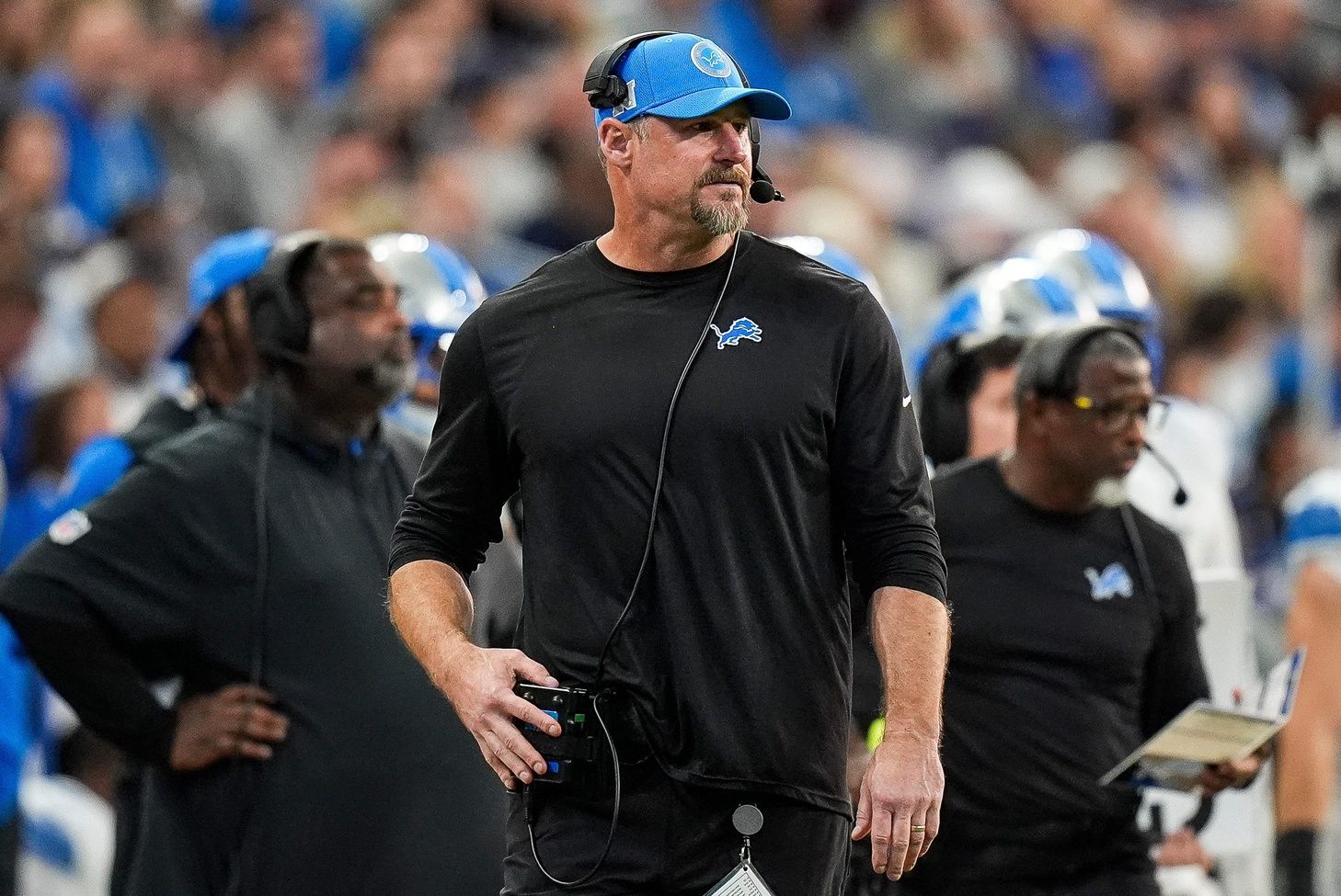 Detroit Lions head coach Dan Campbell watches a play against Indianapolis Colts during the second half at Lucas Oil Stadium.