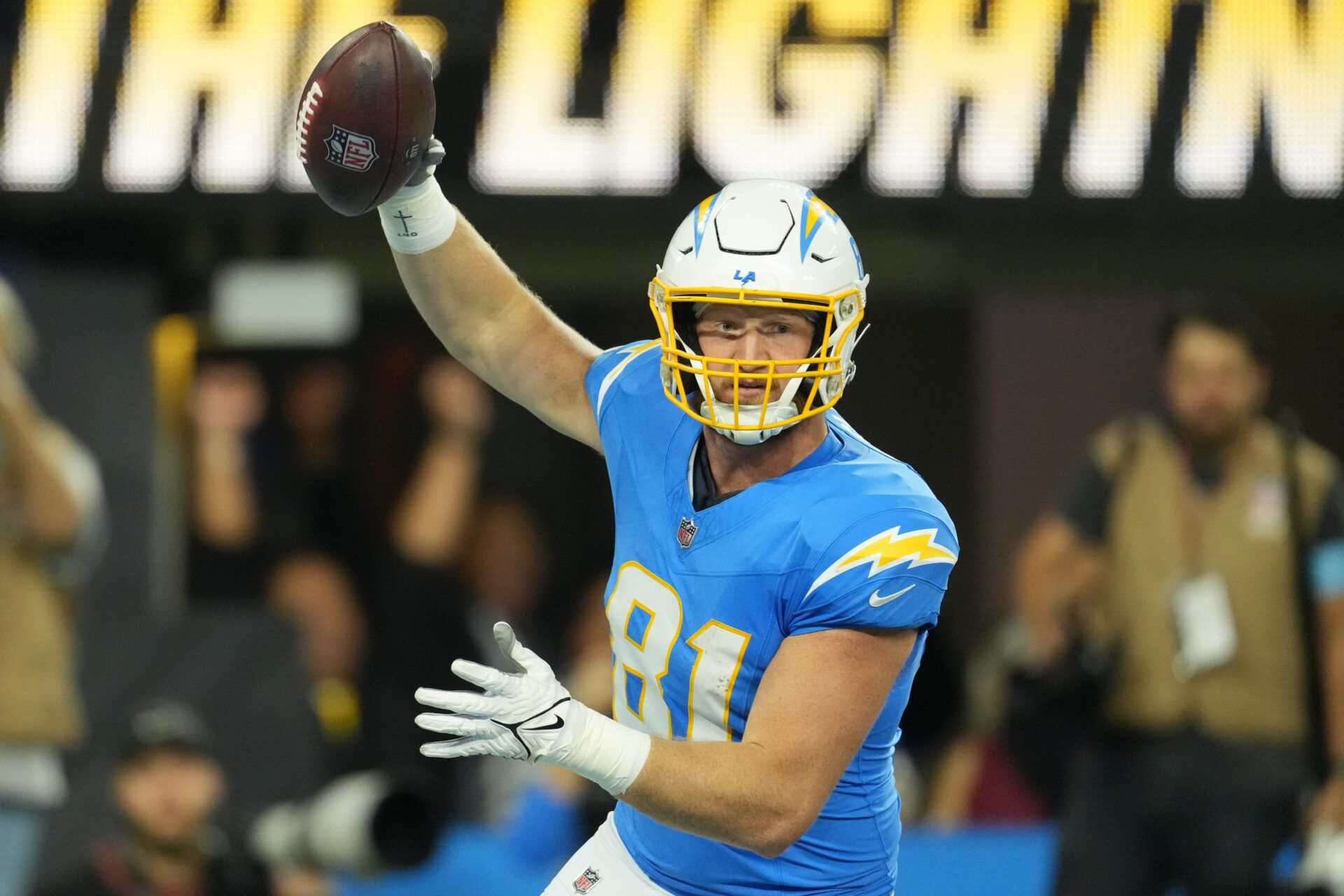 Nov 17, 2024; Inglewood, California, USA; Los Angeles Chargers tight end Will Dissly (81) celebrates after scoring on a 29-yard touchdown reception against the Cincinnati Bengals in the first half at SoFi Stadium. Mandatory Credit: Kirby Lee-Imagn Images