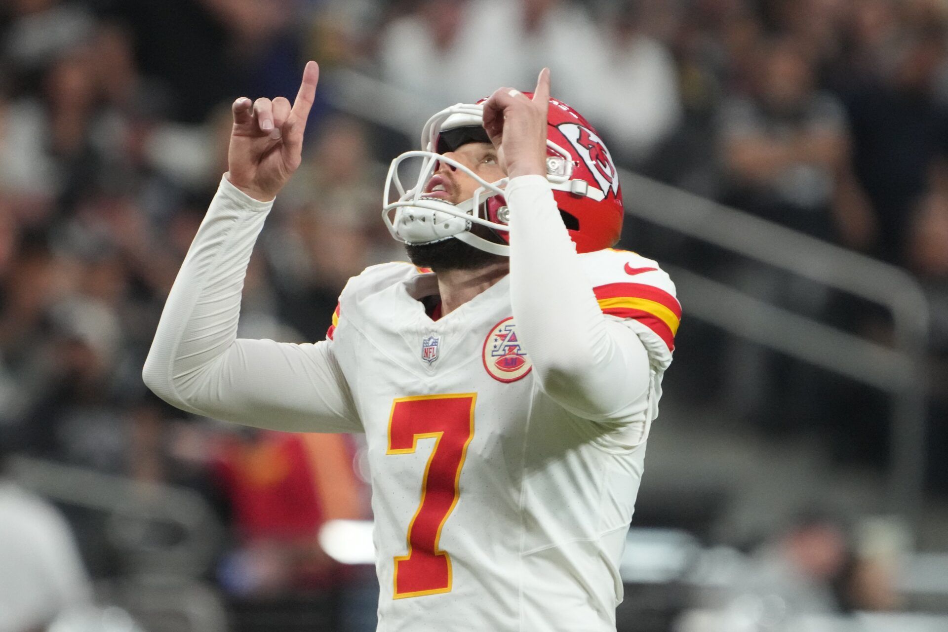 Kansas City Chiefs place kicker Harrison Butker (7) reacts after a field goal against the Las Vegas Raiders in the second half at Allegiant Stadium.