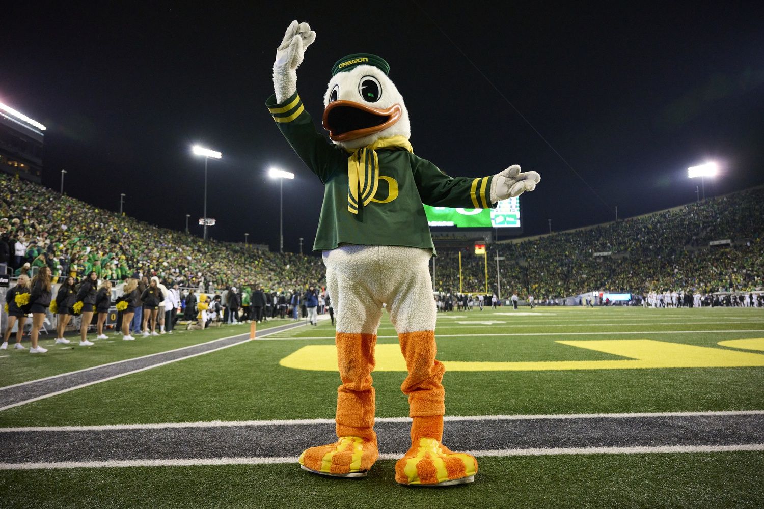 Puddles the Oregon Ducks mascot takes a bow during the second half against the Washington Huskies at Autzen Stadium.