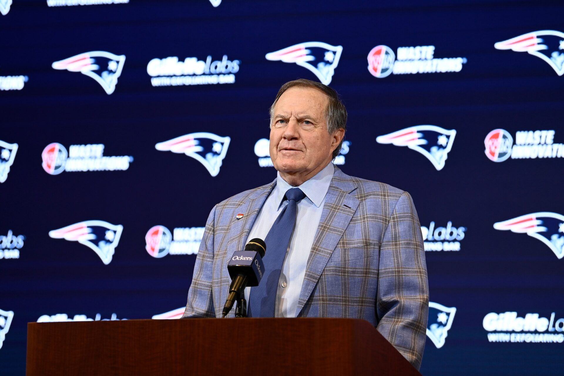 New England Patriots former head coach Bill Belichick holds a press conference at Gillette Stadium to announce his exit from the team.