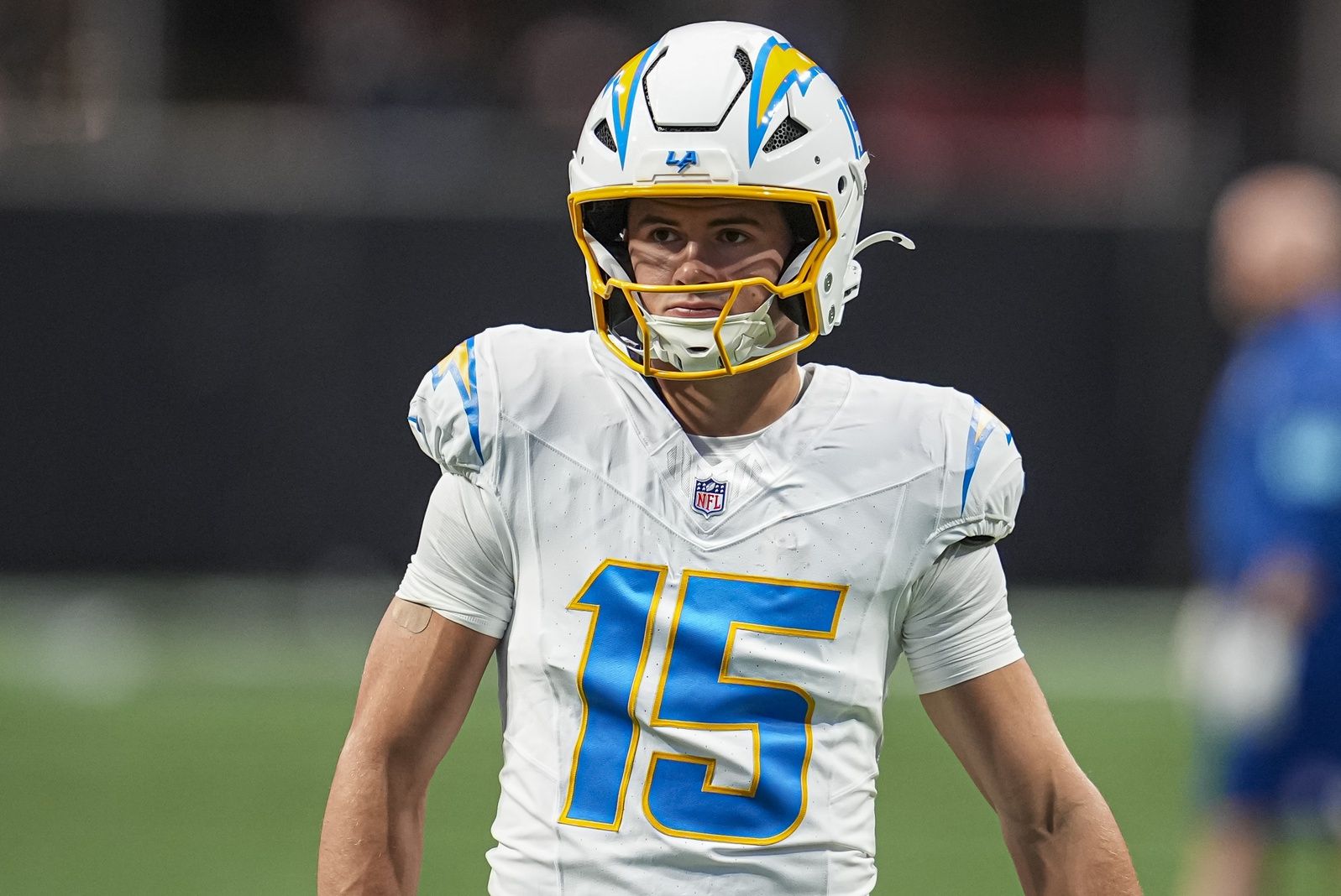 Los Angeles Chargers wide receiver Ladd McConkey (15) shown on the field before the game against the Atlanta Falcons at Mercedes-Benz Stadium.