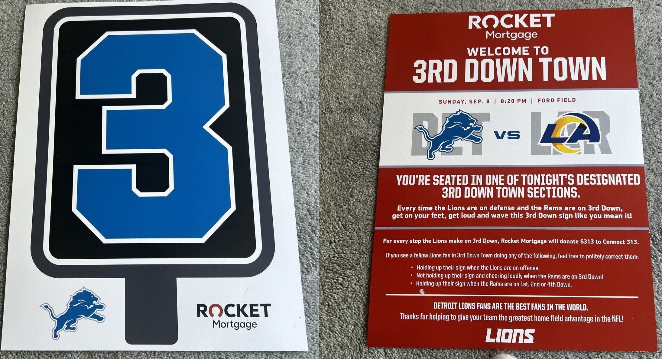 A look at the signs that the Detroit Lions hand out to fans sitting in the "3rd Down Town" sections.