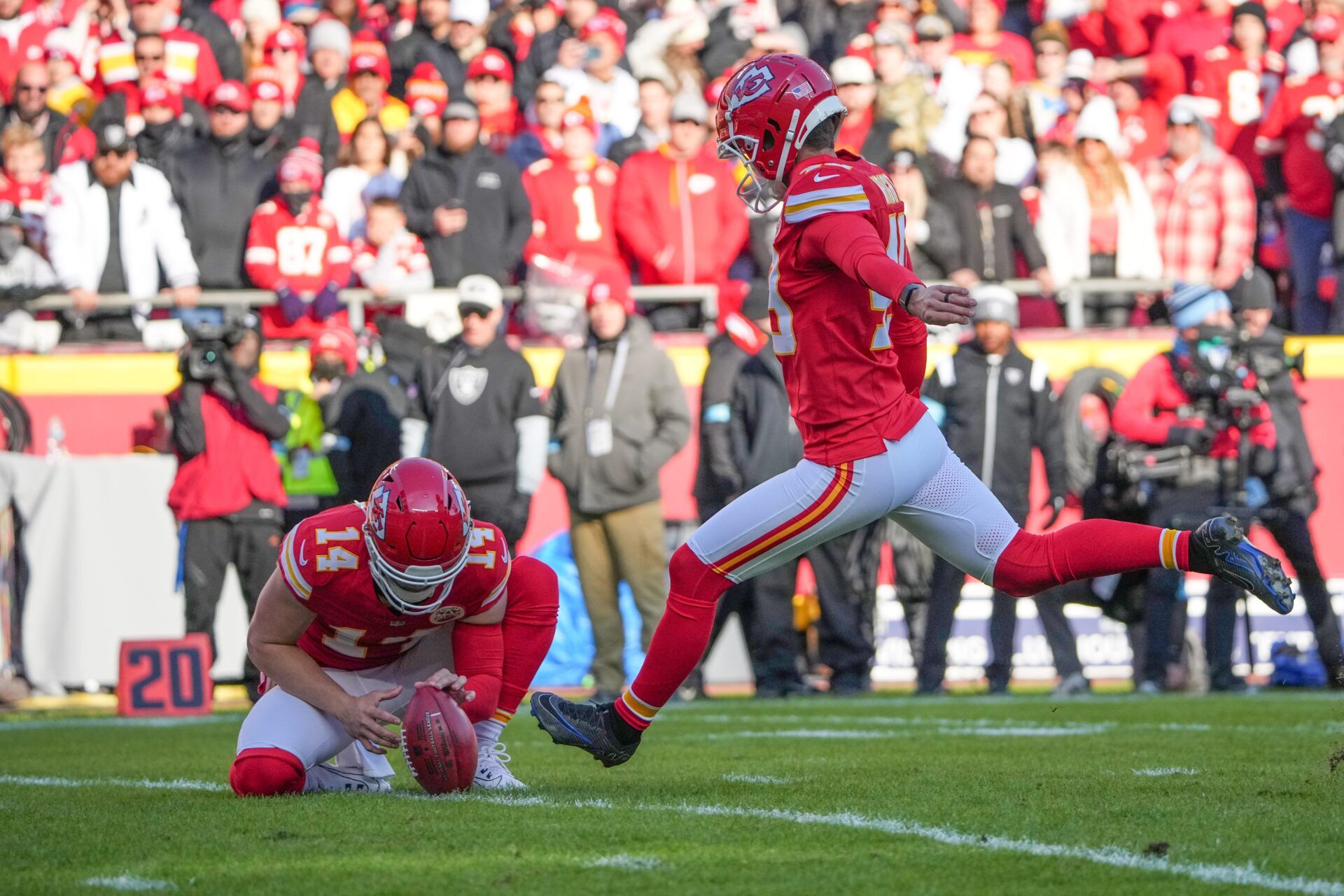 Kansas City Chiefs place kicker Matthew Wright (49) kicks a field goal against the Las Vegas Raiders during the first half at GEHA Field at Arrowhead Stadium