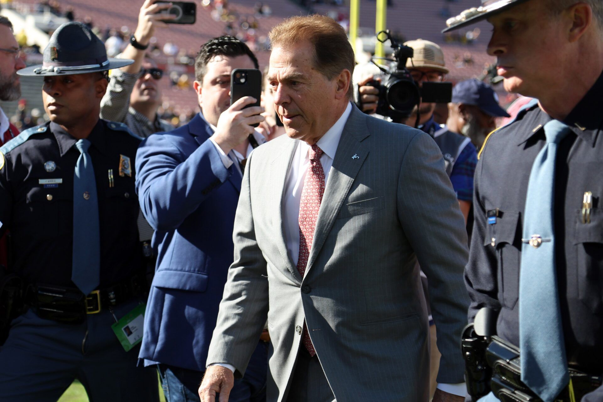 Alabama Crimson Tide head coach Nick Saban walks on field during warm ups before the 2024 Rose Bowl college football playoff semifinal game against the Michigan Wolverines at Rose Bowl.