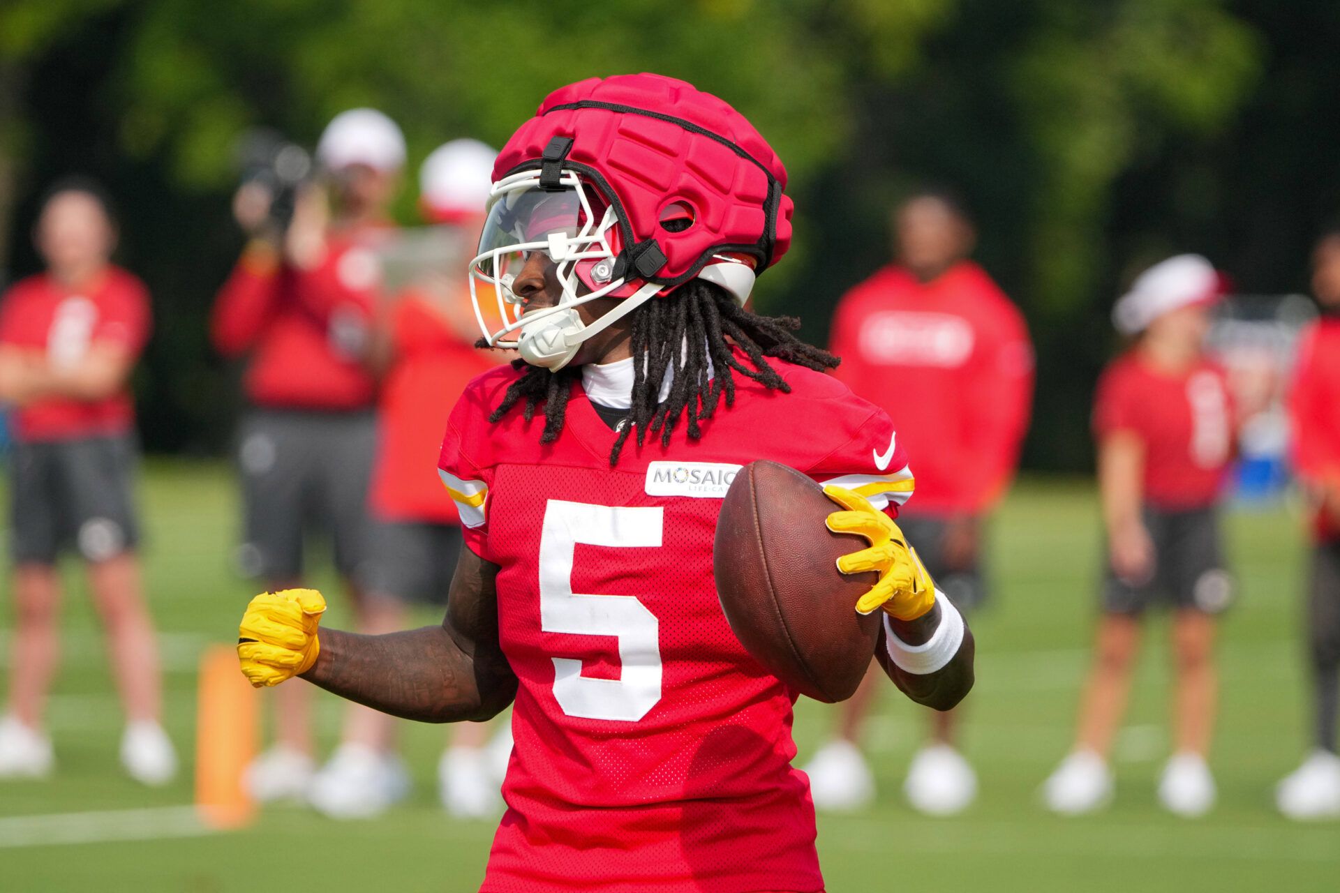 Jul 22, 2024; St. Joseph, MO, USA; Kansas City Chiefs wide receiver Marquise (Hollywood) Brown (5) celebrates after catching a pass during training camp at Missouri Western State University. Mandatory Credit: Denny Medley-USA TODAY Sports