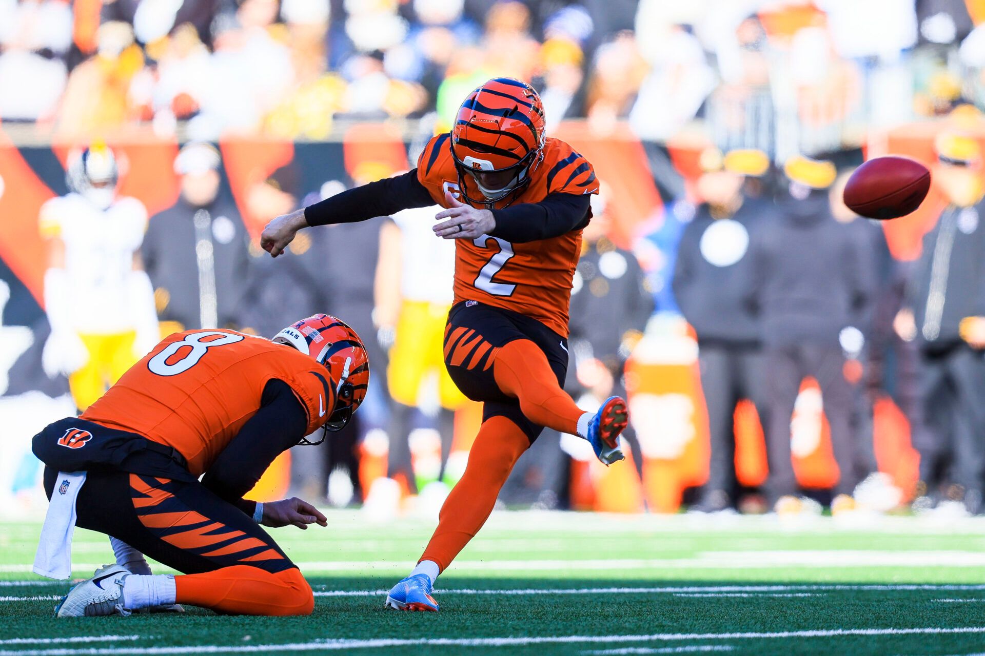 Dec 1, 2024; Cincinnati, Ohio, USA; Cincinnati Bengals place kicker Evan McPherson (2) kicks an extra point against the Pittsburgh Steelers in the first half at Paycor Stadium. Mandatory Credit: Katie Stratman-Imagn Images