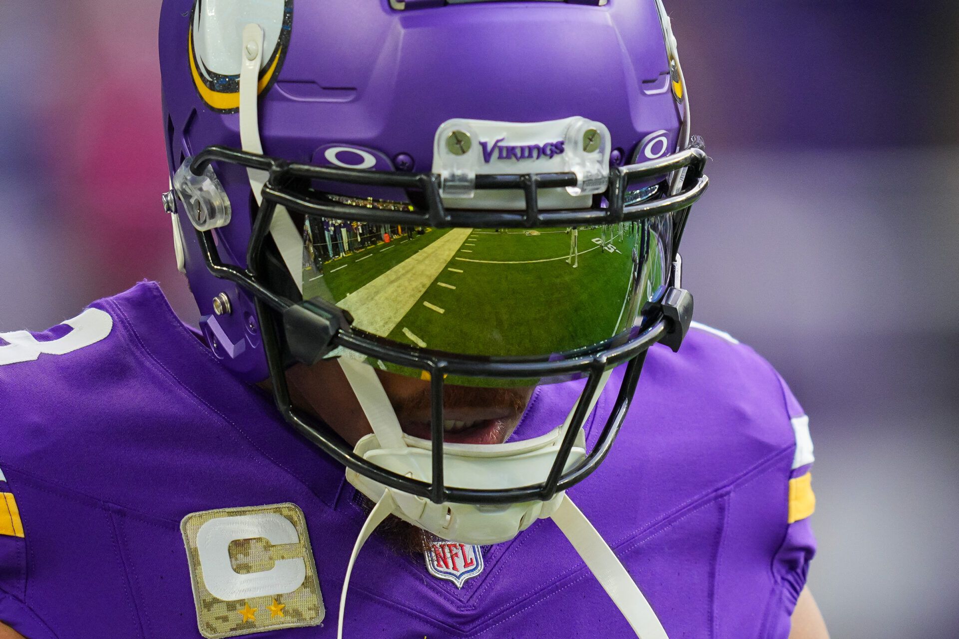 Dec 1, 2024; Minneapolis, Minnesota, USA; Minnesota Vikings wide receiver Justin Jefferson (18) warms up before the game against the Arizona Cardinals at U.S. Bank Stadium. Mandatory Credit: Brad Rempel-Imagn Images