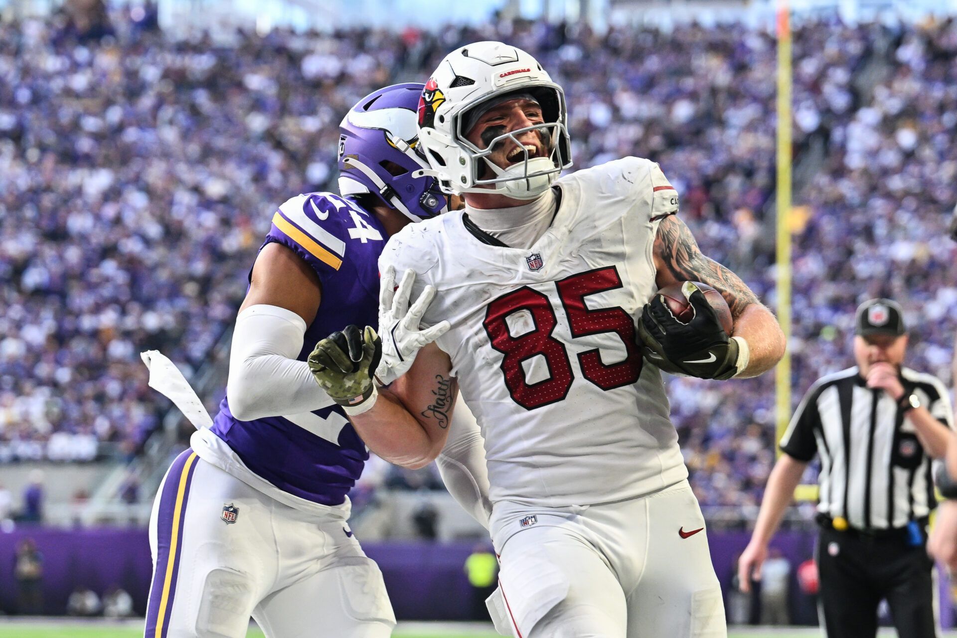 Dec 1, 2024; Minneapolis, Minnesota, USA; Arizona Cardinals tight end Trey McBride (85) reacts after a catch as Minnesota Vikings safety Camryn Bynum (24) pushes him out of bounds during the fourth quarter at U.S. Bank Stadium. Mandatory Credit: Jeffrey Becker-Imagn Images