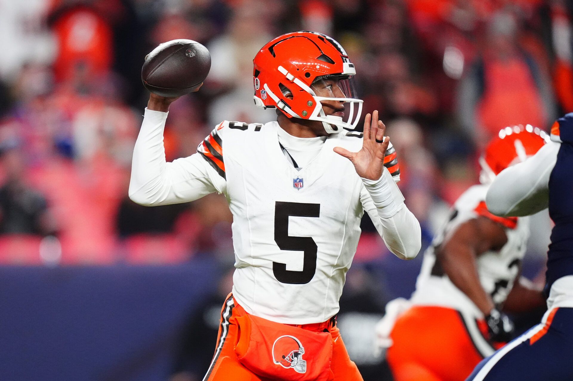 Dec 2, 2024; Denver, Colorado, USA; Cleveland Browns quarterback Jameis Winston (5) passes the ball in the first quarter against the Denver Broncos at Empower Field at Mile High. Mandatory Credit: Ron Chenoy-Imagn Images