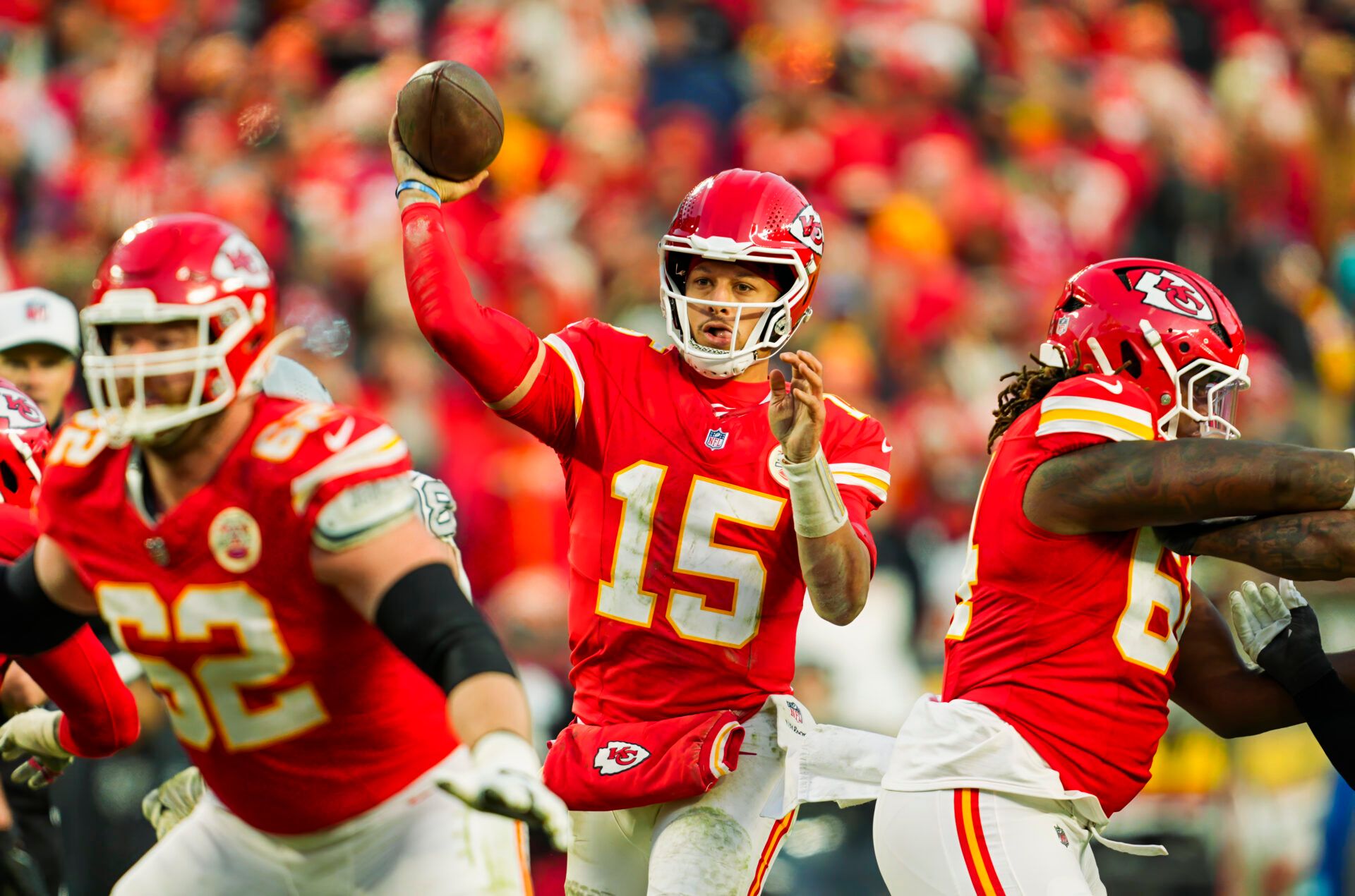 Nov 29, 2024; Kansas City, Missouri, USA; Kansas City Chiefs quarterback Patrick Mahomes (15) throws a pass during the second half against the Las Vegas Raiders at GEHA Field at Arrowhead Stadium. Mandatory Credit: Jay Biggerstaff-Imagn Images