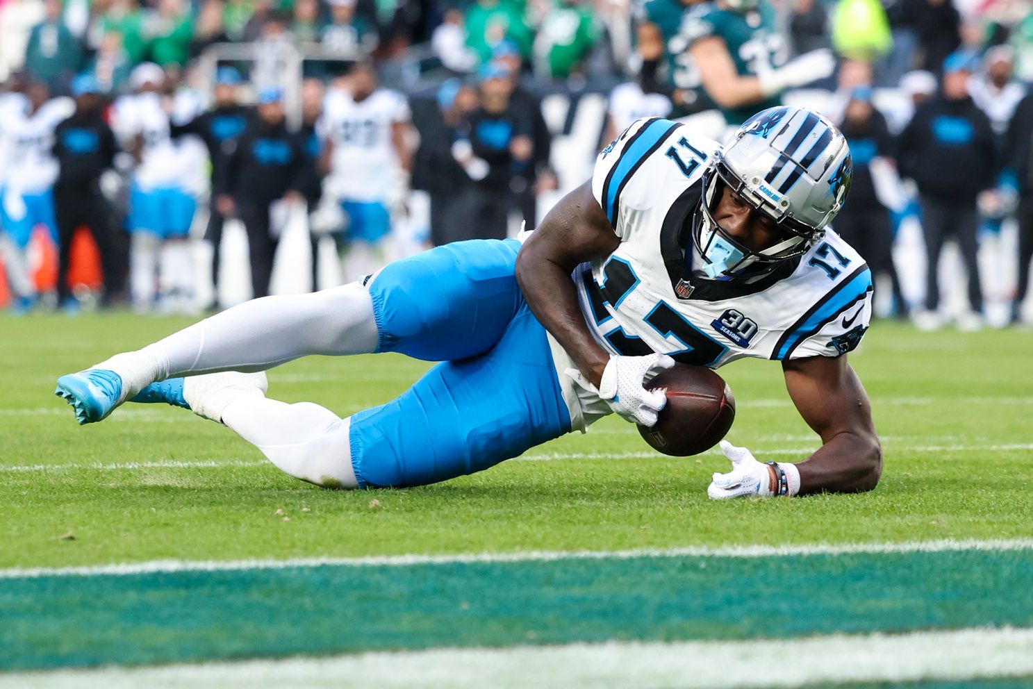 Carolina Panthers wide receiver Xavier Legette (17) is unable to catch a long pass in the final minute of a game against the Philadelphia Eagles at Lincoln Financial Field.