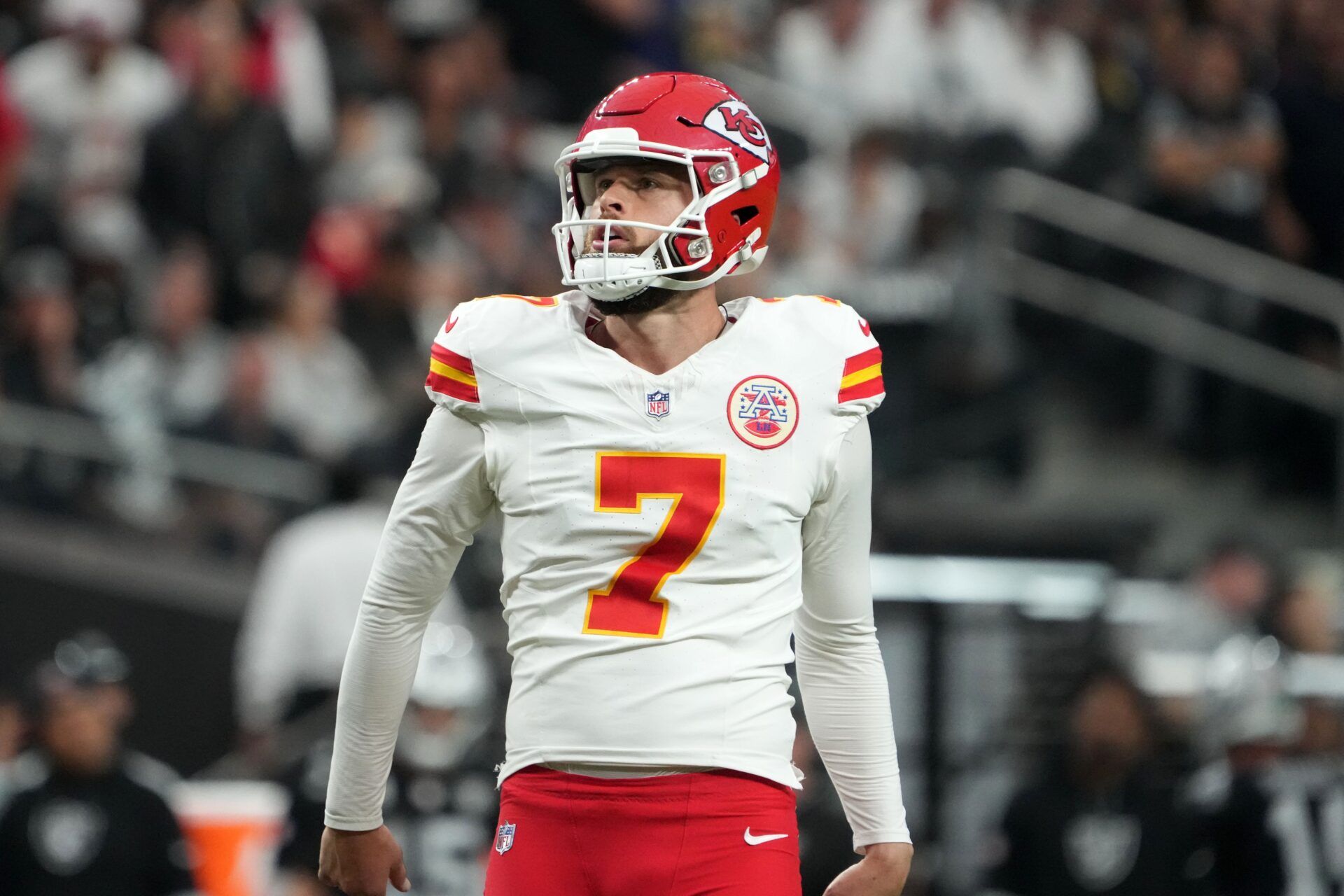 Kansas City Chiefs place kicker Harrison Butker (7) reacts after a field goal against the Las Vegas Raiders in the second half at Allegiant Stadium.