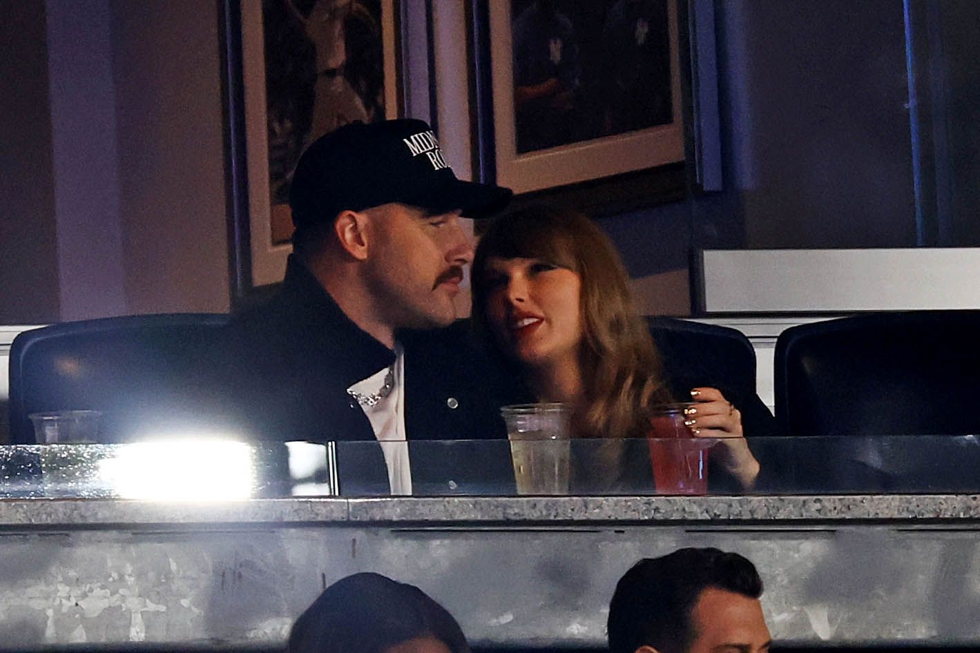 Oct 14, 2024; Bronx, New York, USA; Recording artist Taylor Swift and Kansas City Chiefs tight end Travis Kelce watch game one of the ALCS for the 2024 MLB Playoffs between the New York Yankees and the Cleveland Guardians at Yankee Stadium. Mandatory Credit: Vincent Carchietta-Imagn Images