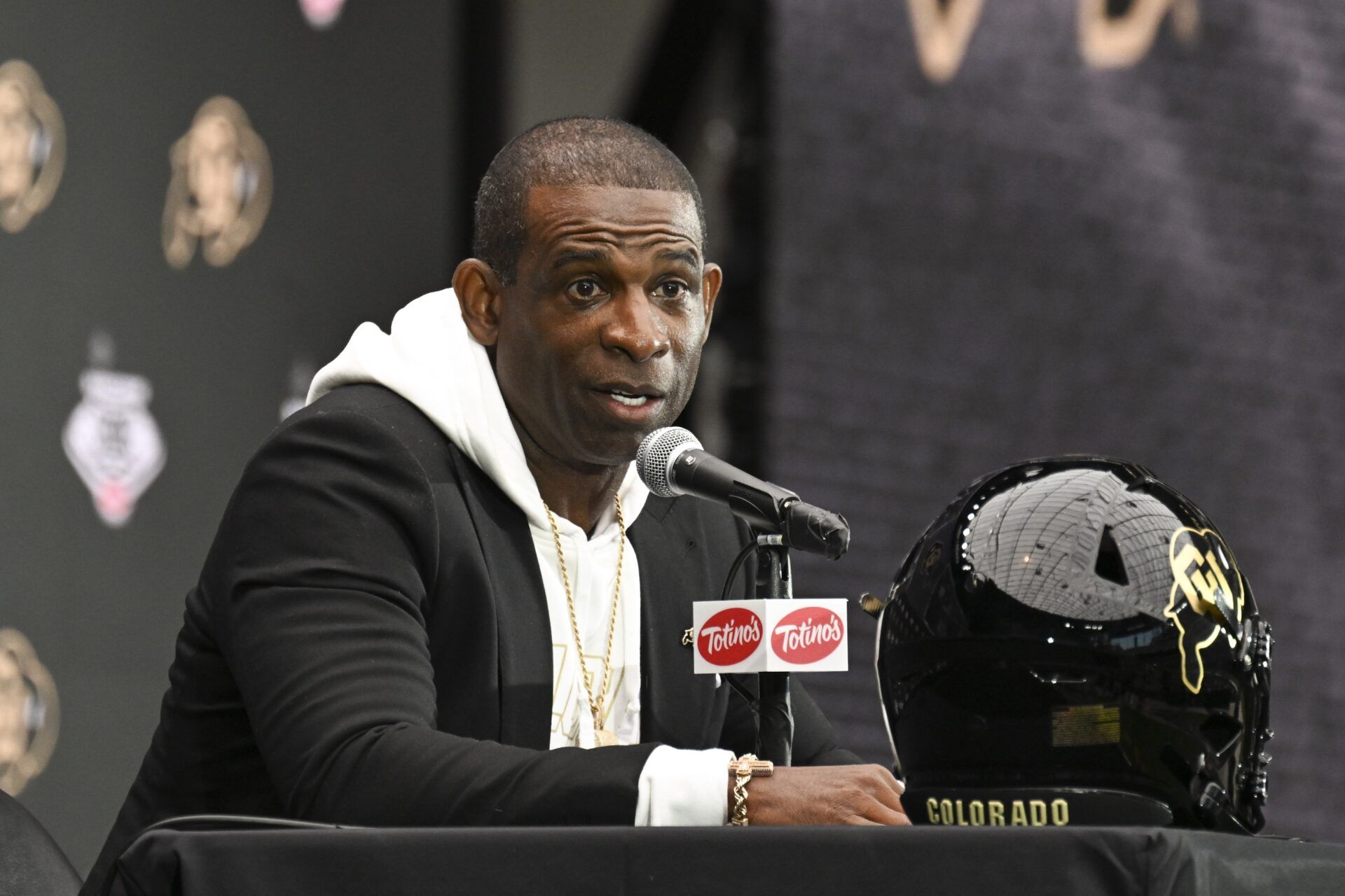 Colorado Buffaloes head coach Deion Sanders speaks to the media during the Big 12 Media Days at Allegiant Stadium.