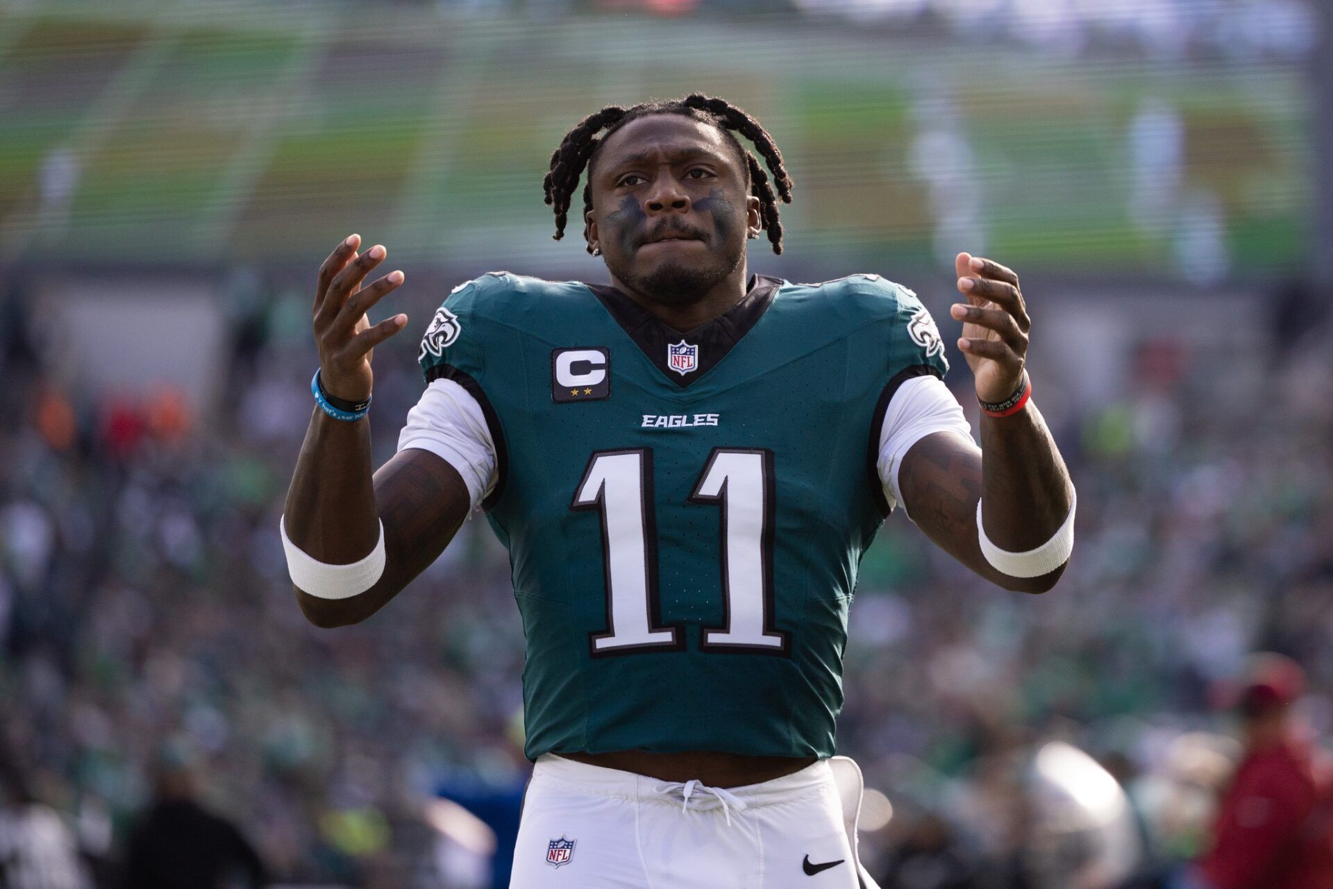 Philadelphia Eagles wide receiver A.J. Brown (11) before the start of action against the Carolina Panthers at Lincoln Financial Field.