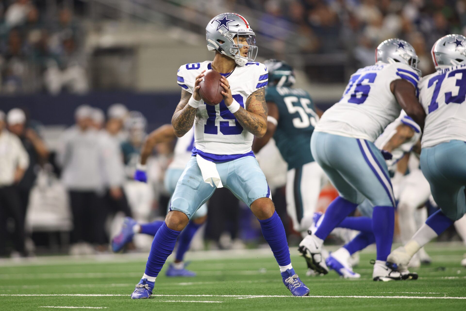 Dallas Cowboys quarterback Trey Lance (19) throws a pass against the Philadelphia Eagles in the fourth quarter at AT&T Stadium.