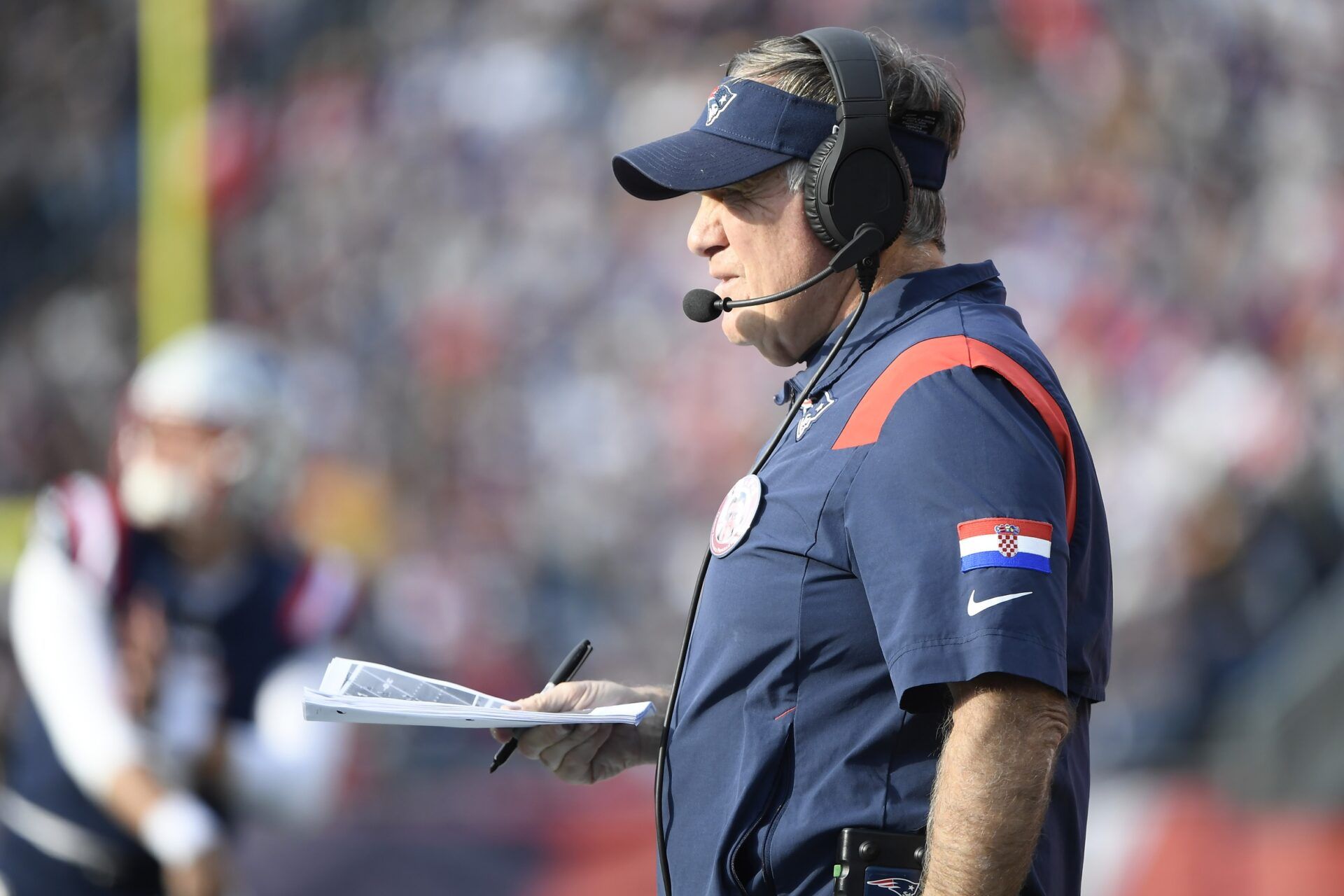 New England Patriots head coach Bill Belichick during the first half against the Washington Commanders at Gillette Stadium.